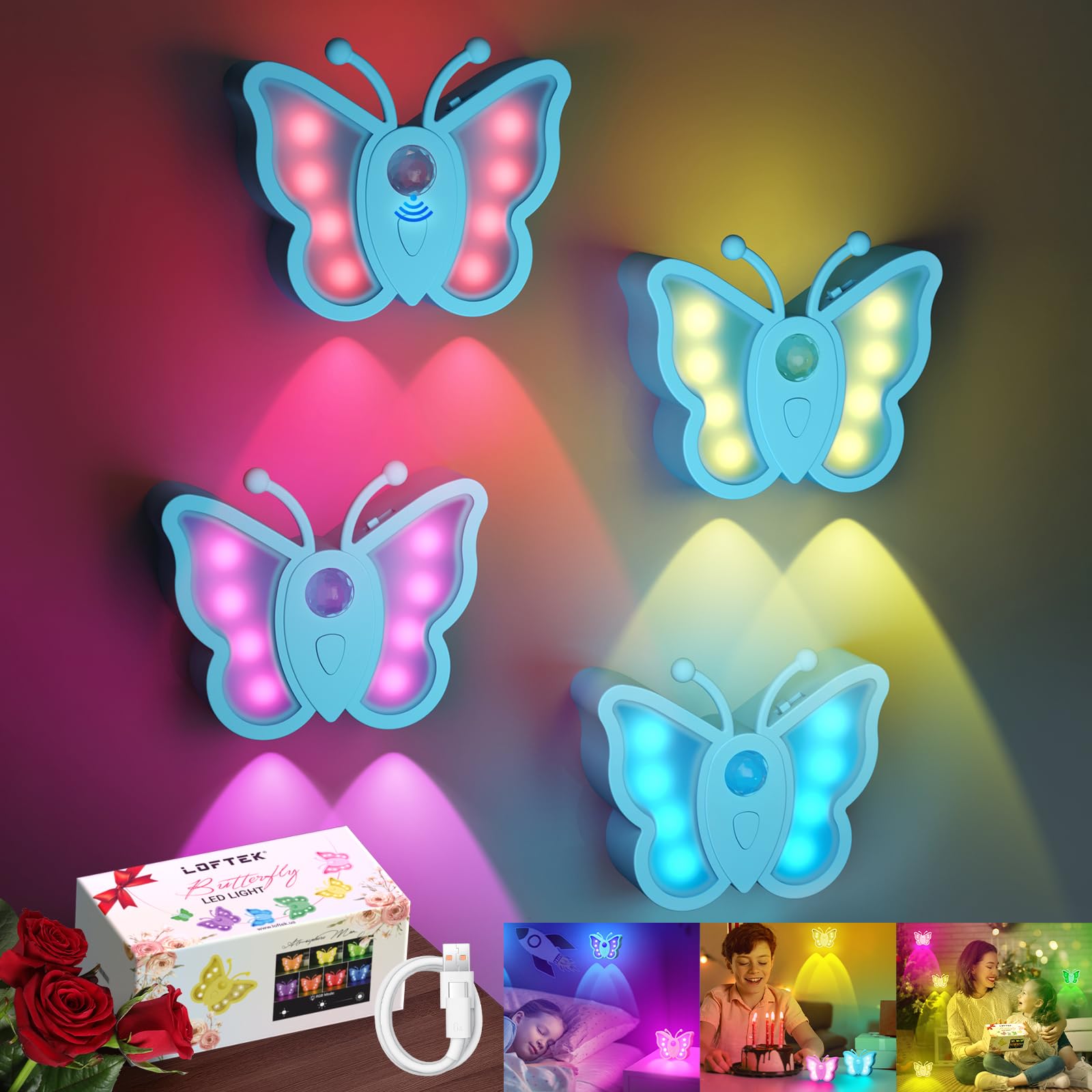 LOFTEK Motion Sensor Night Light, Rechargeable, Dimmable, 4 Pack, Blue, Acrylic, Butterfly Model