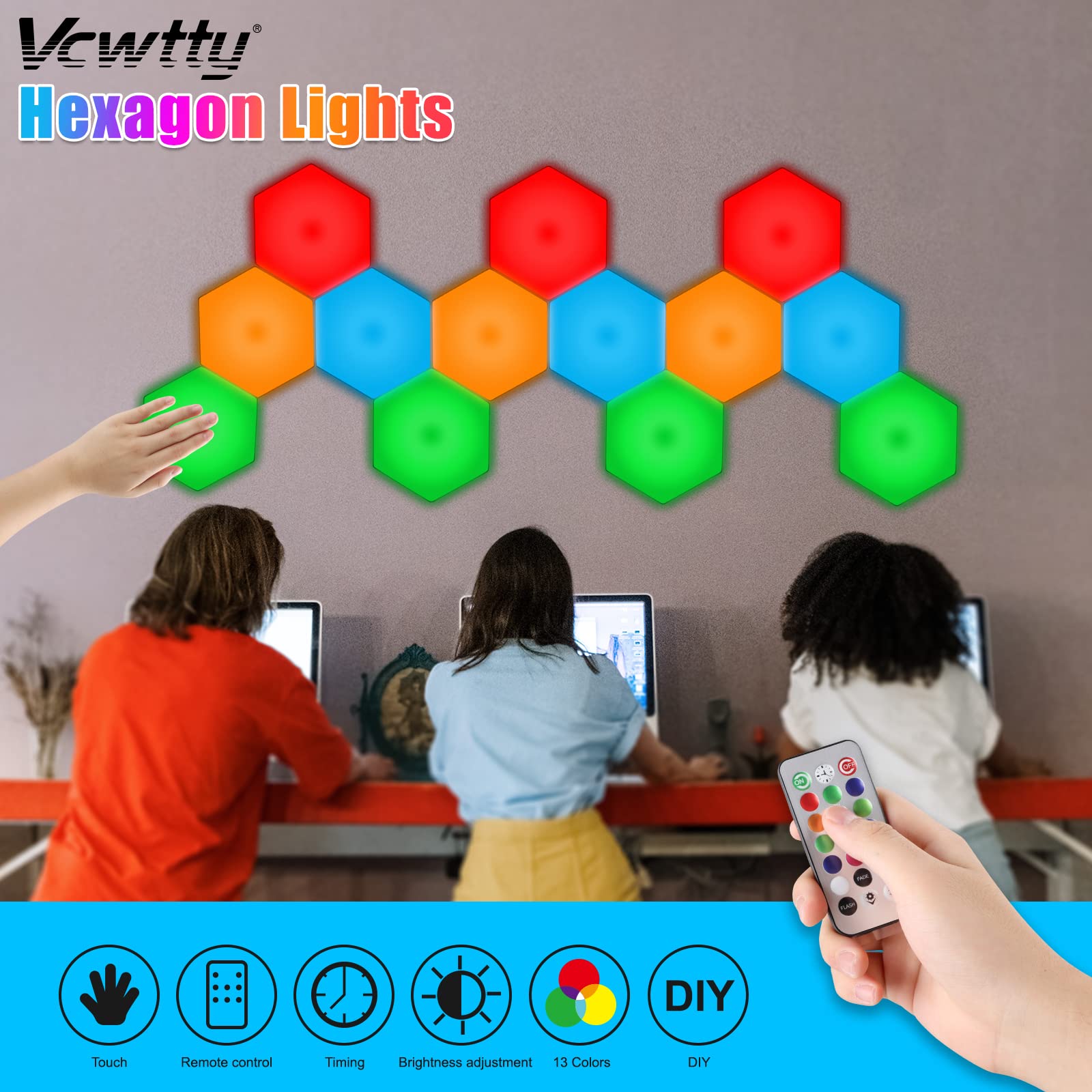 Vcwtty Smart LED Hexagon Wall Lights, Touch-Sensitive, 13 Colors, USB-Powered, Multicolor (10 Pack)