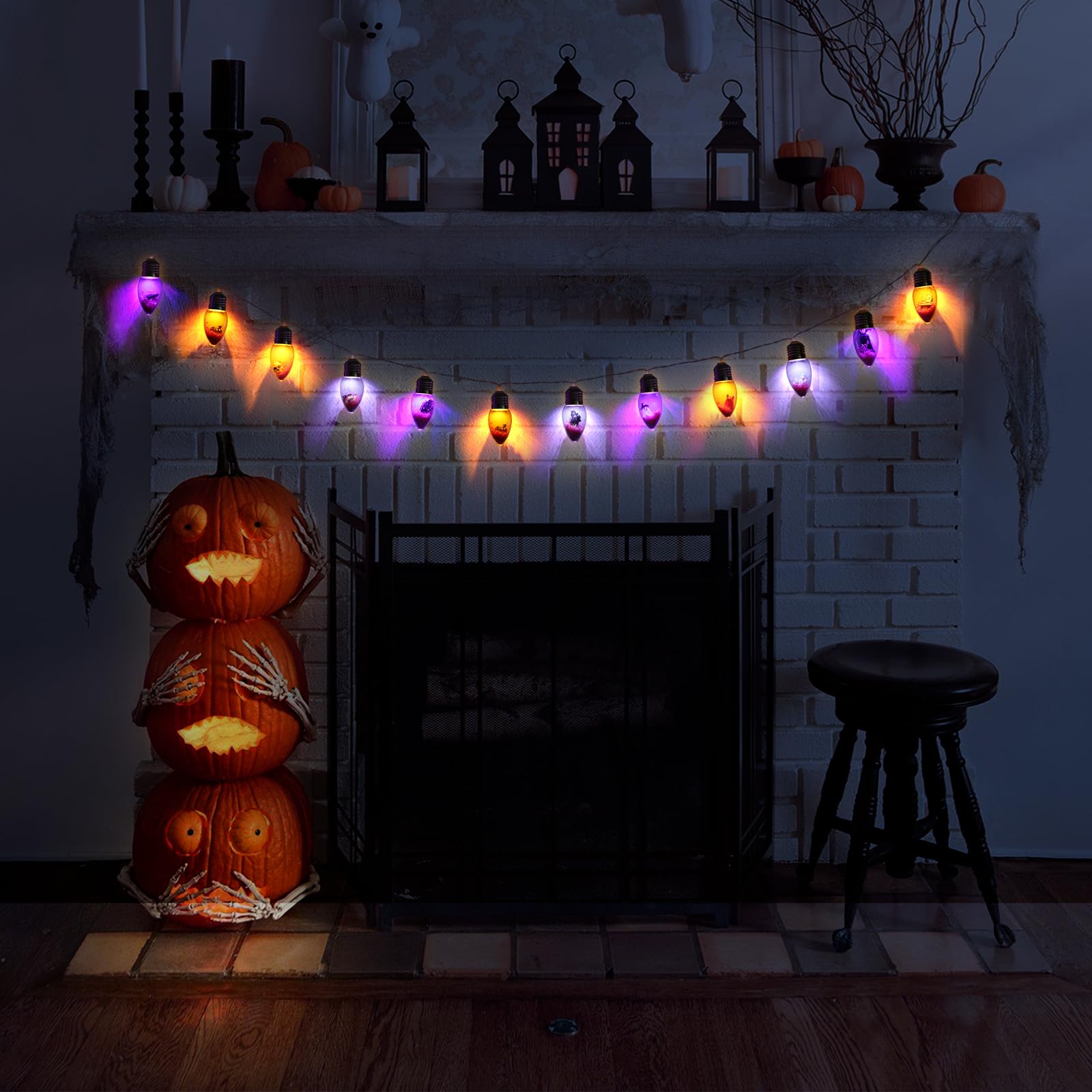 ehuoyan Halloween String Lights - 12 Spooky Dolls, Battery-Operated, Indoor/Outdoor, White, Model WSWO12D