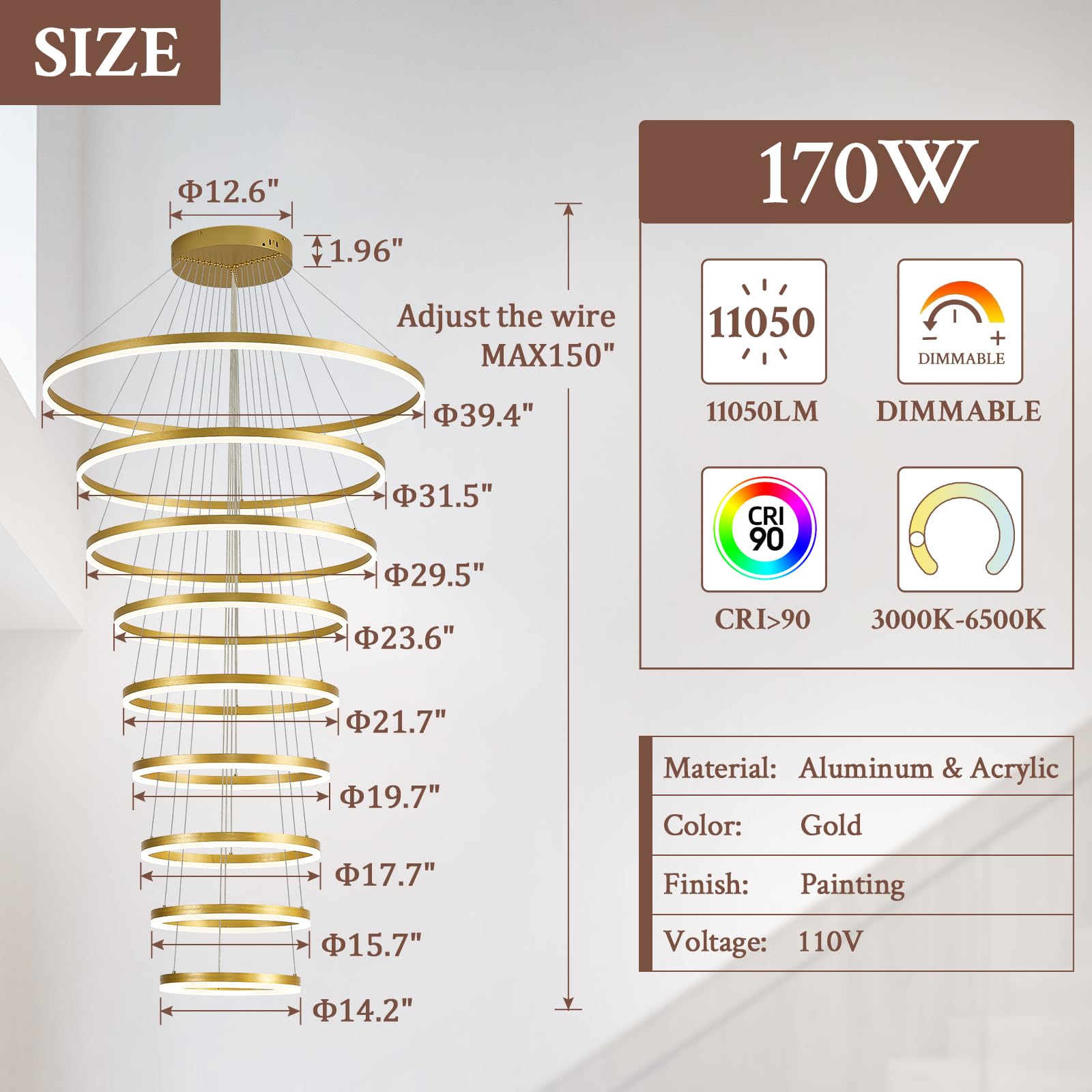 Sparklelf LED Chandelier, Dimmable Modern Design, 9 Rings, 39.4in, Gold, Remote Control, 3000K-6500K for Entryway and Living