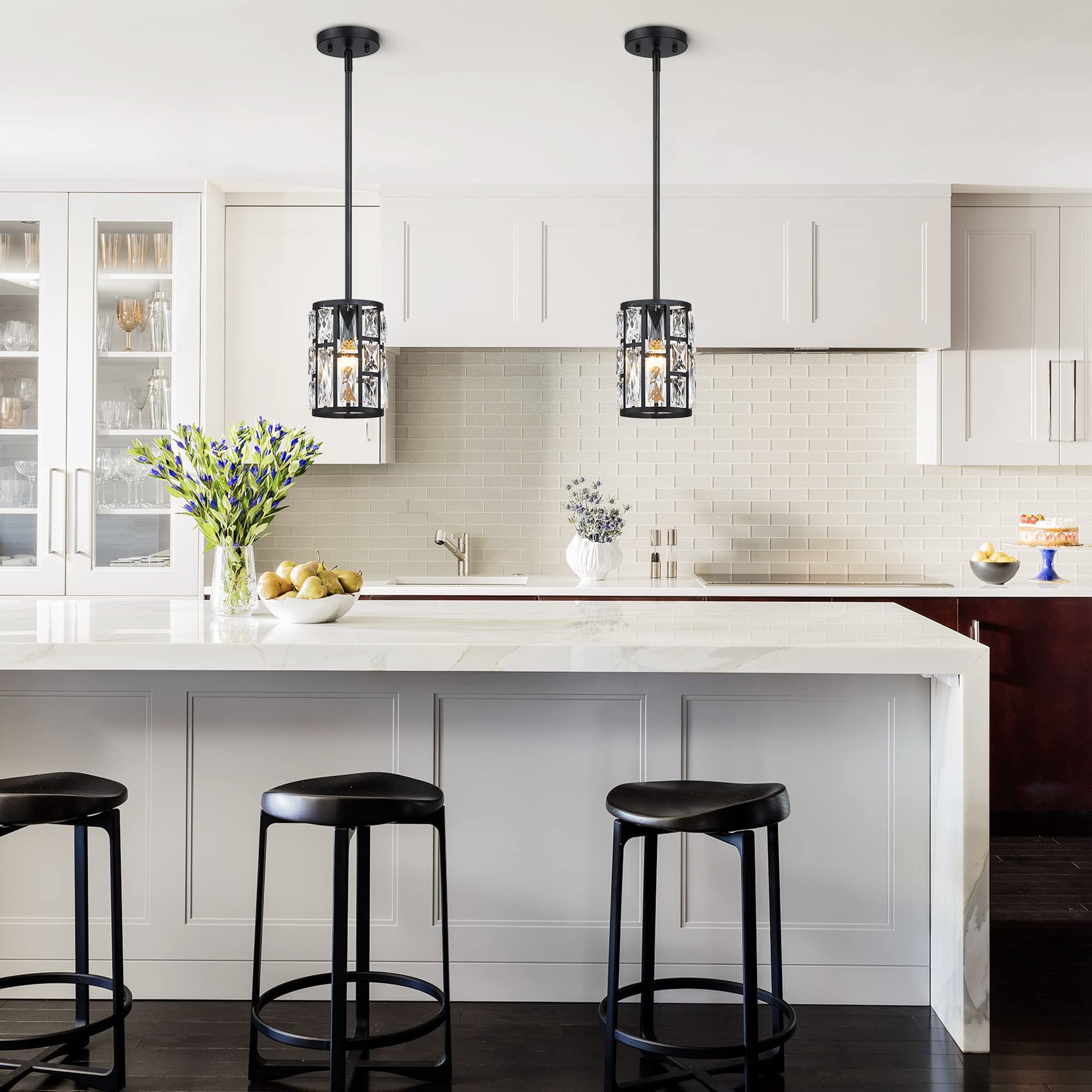 MEXO Modern Crystal Pendant Light Fixture 2-Pack, Gold Finish Chandelier for Kitchen Island, Model 1003PD-GD-2PK