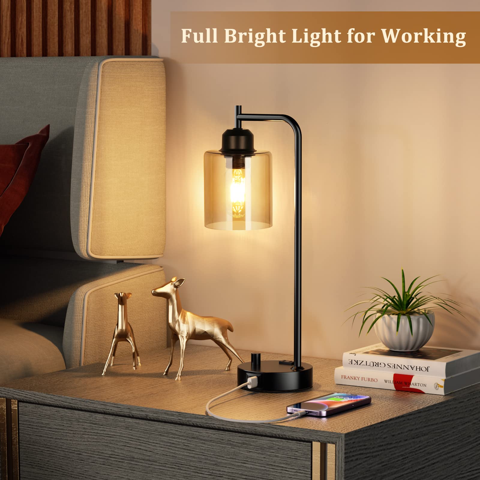 Innqoo Industrial Small Desk Lamp For Nightstand - Amber Clear Glass Shade Table Lamp With Usb C Port, Fully Dimmable Black Bedside Lamp With Usb Port And Outlet, Bedroom Lamp For Reading Office