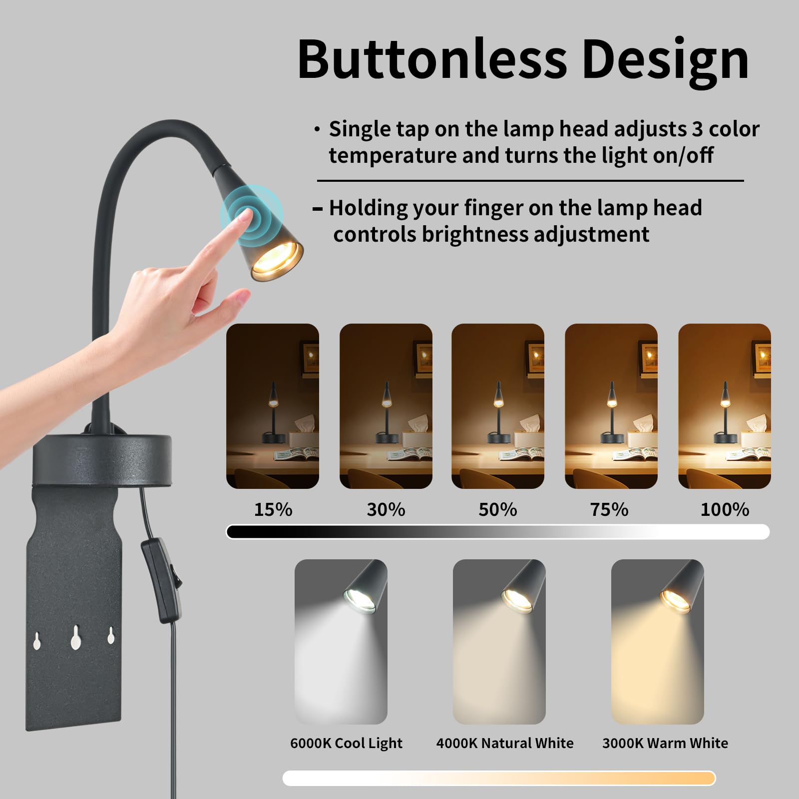 Black Headboard Reading Light, No Drilling Wall Mounted Reading Lights for Bedside, Book Light for Bedtime Reading, Buttonless D