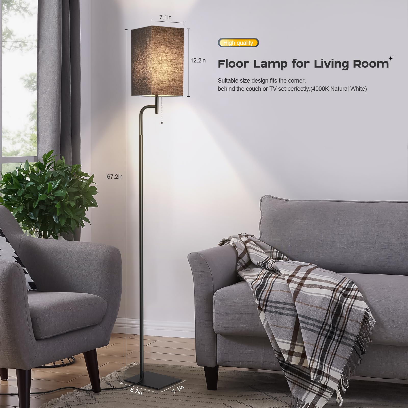 Iporovon Modern Floor Lamp - Black, Minimalist Design, Linen Shade, 3 Color Temperatures, Model FL-230217-A