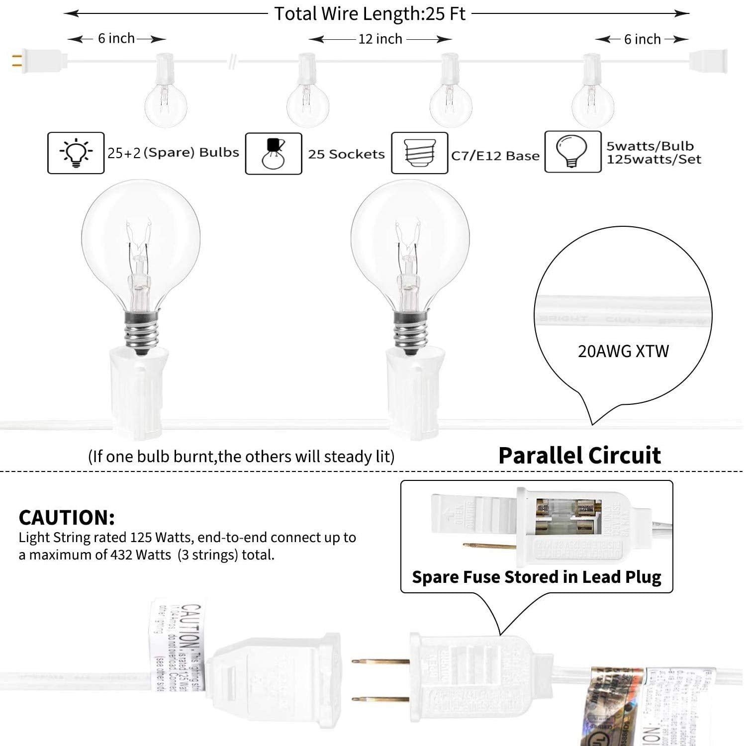 GOOTHY G40 Globe String Lights, 25FT Waterproof, 27 Warm White Bulbs, White Glass for Patio, Garden, Wedding Party