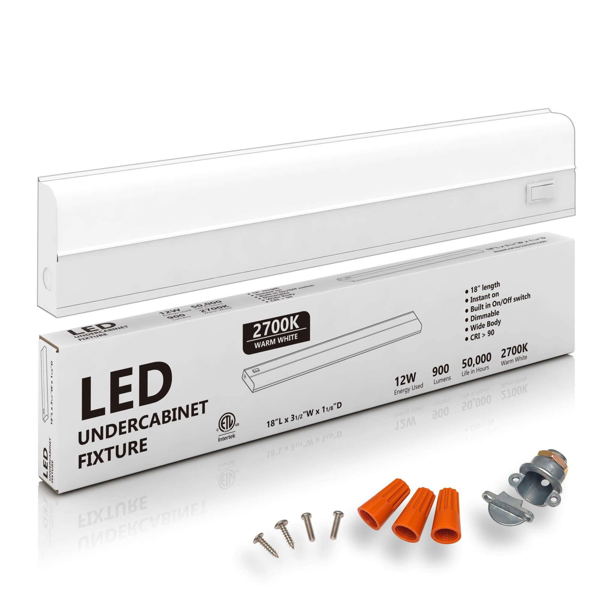 Hardwired LED Under Cabinet Task Lighting - 12 Watt, 18'', Dimmable, CRI>90, 2700K (Warm White), Wide Body, Long Lasting Metal B