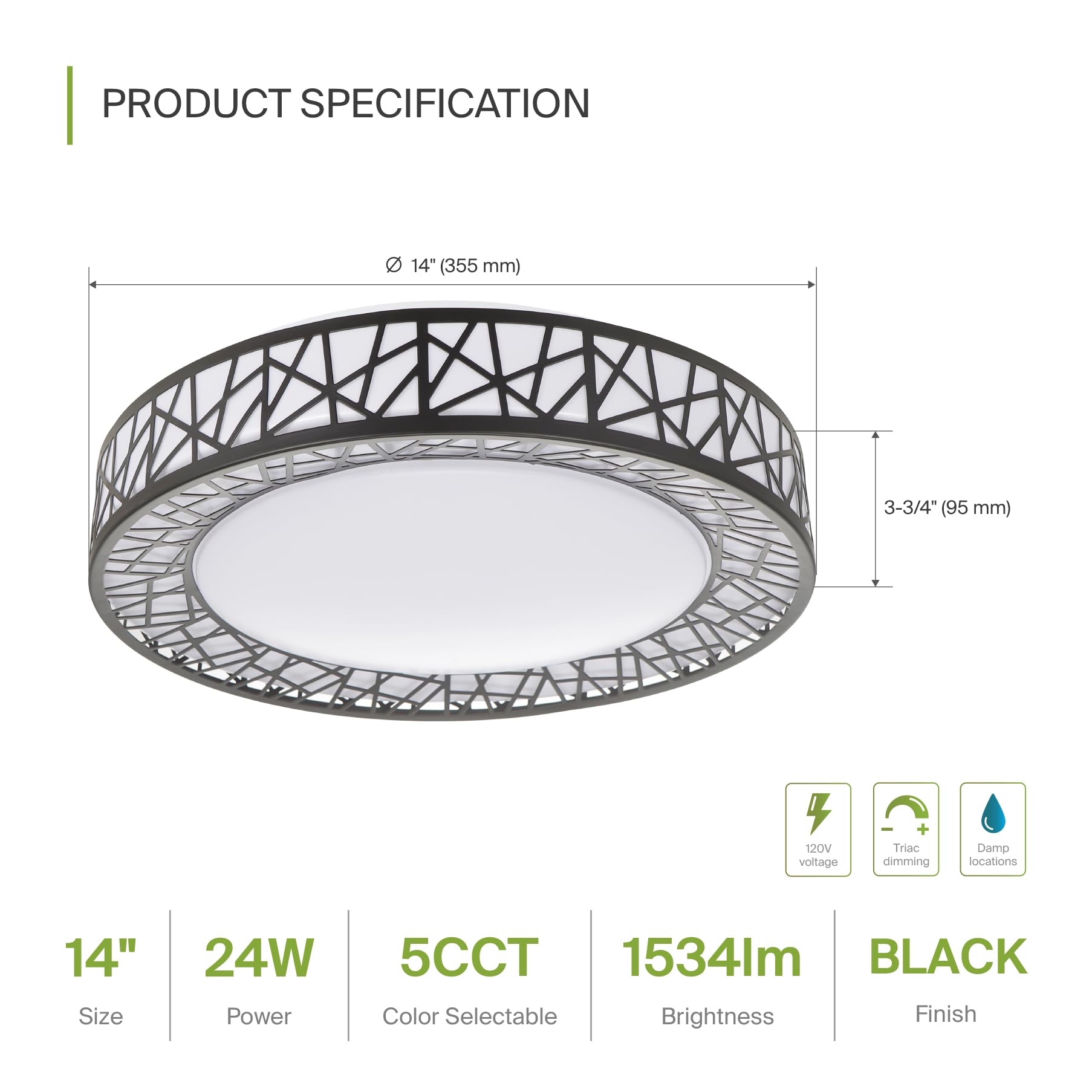 Asd 14 Inch Led Flush Mount Ceiling Light - Black Modern Ceiling Light Fixture 24W 1534Lm, 2700-5000K Adjustable Dimmable Ceilin