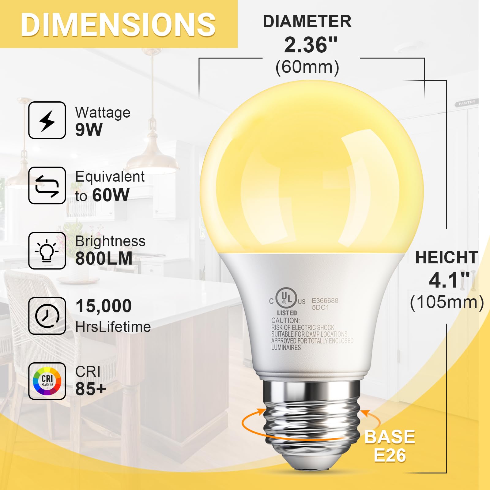 Volivo 6 Pack A19 Led Light Bulbs, 2700K Soft White, 9W(60W Equivalent), 800 Lumens, E26 Standard Base, Non-Dimmable, Energy Sav