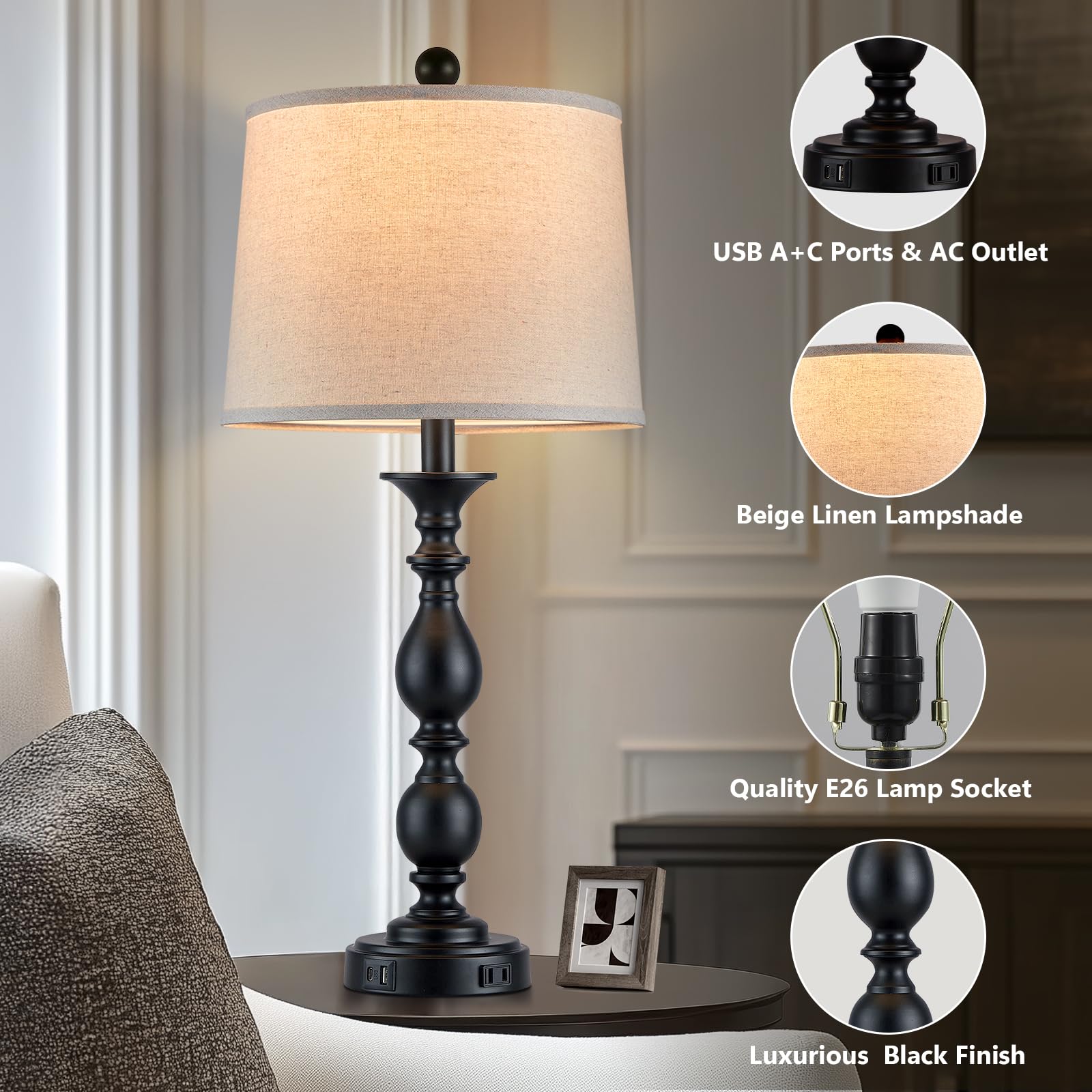 MOUVOVO 28in Tall Modern Table Lamps Set of 2, Metal with USB Ports, 3-Way Touch, Black Farmhouse Nightstand Lighting