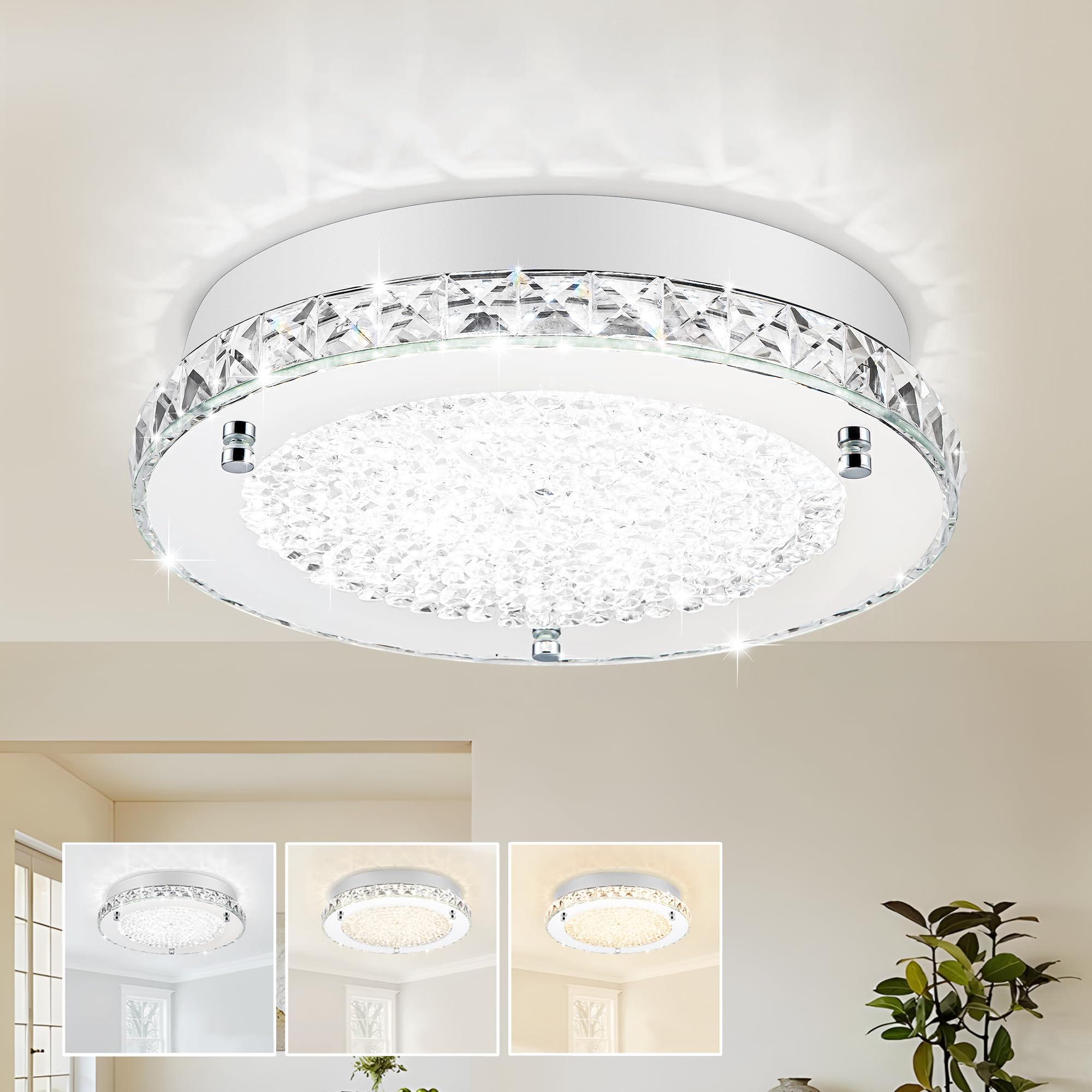 Lzawvm 13&quot; Flush Mount Crystal Ceiling Light - Led 3-Color Change For Modern Hallway & Living Room