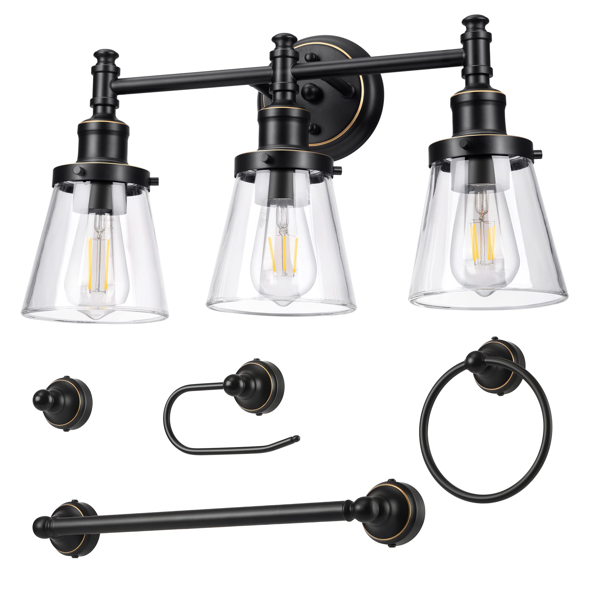DEWENWILS Bathroom Vanity Light Fixtures, 5-Piece Set, 3-Light Sconce, Glass Shade, Black, Model HHVL01D