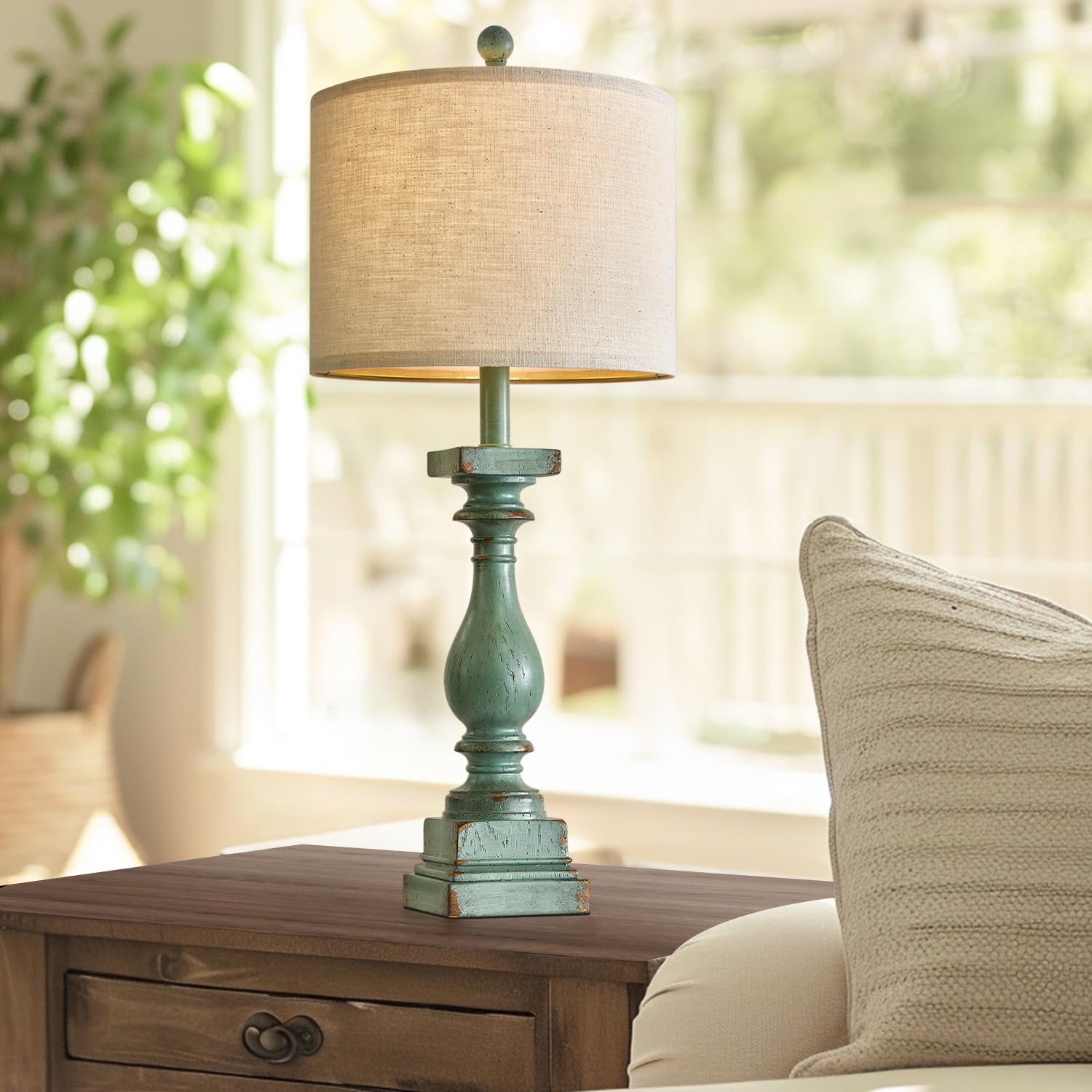 BOBOMOMO 27" Farmhouse Table Lamp Set of 2, Vintage Rustic Resin, Antique Green, USB A+C, Model AMZ-T279USB-GRN