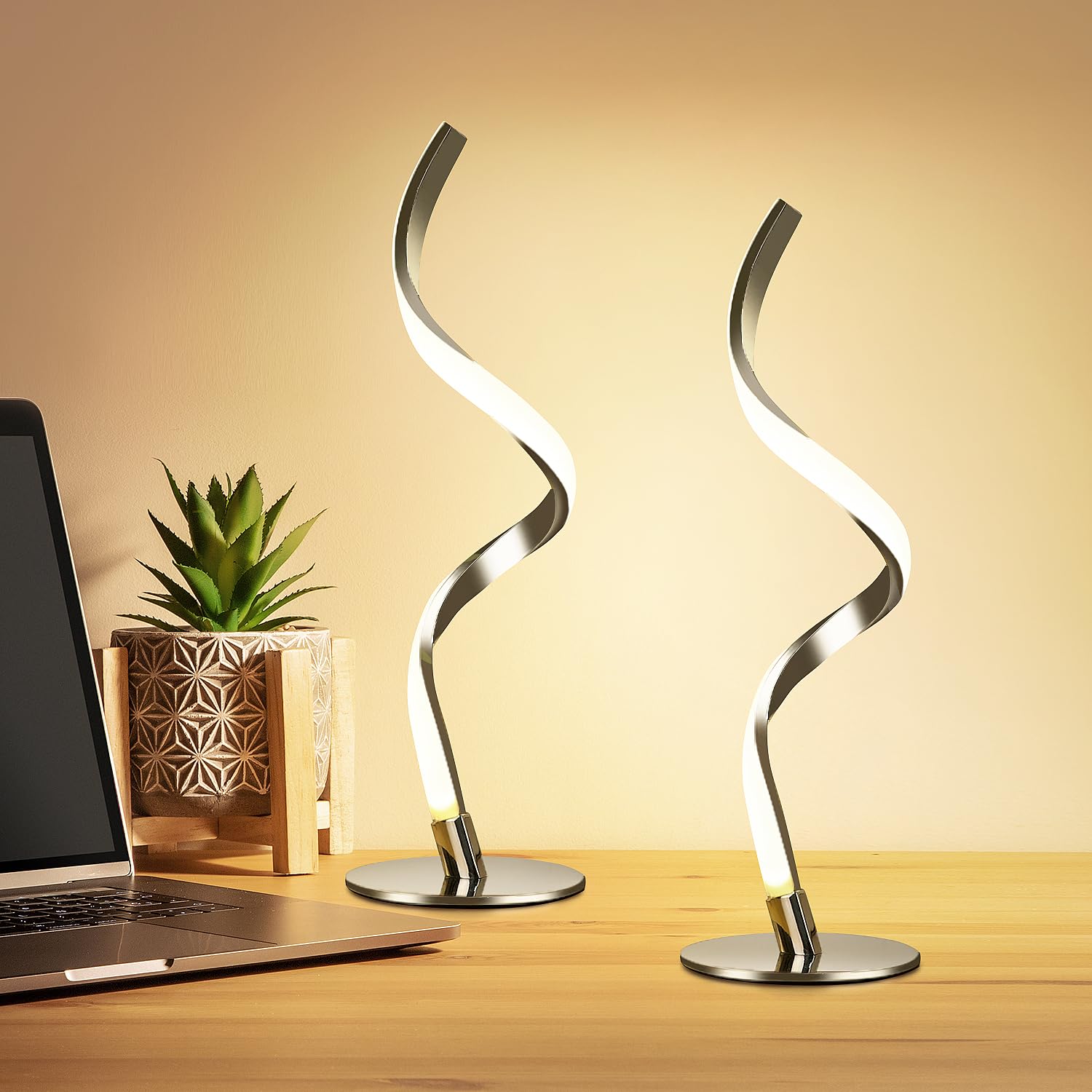 Yarra-Decor Modern Spiral Bedside Lamp - Touch Control LED, Stepless Dimmable, Silver 2 Pack, Model TD-010SPIRAL
