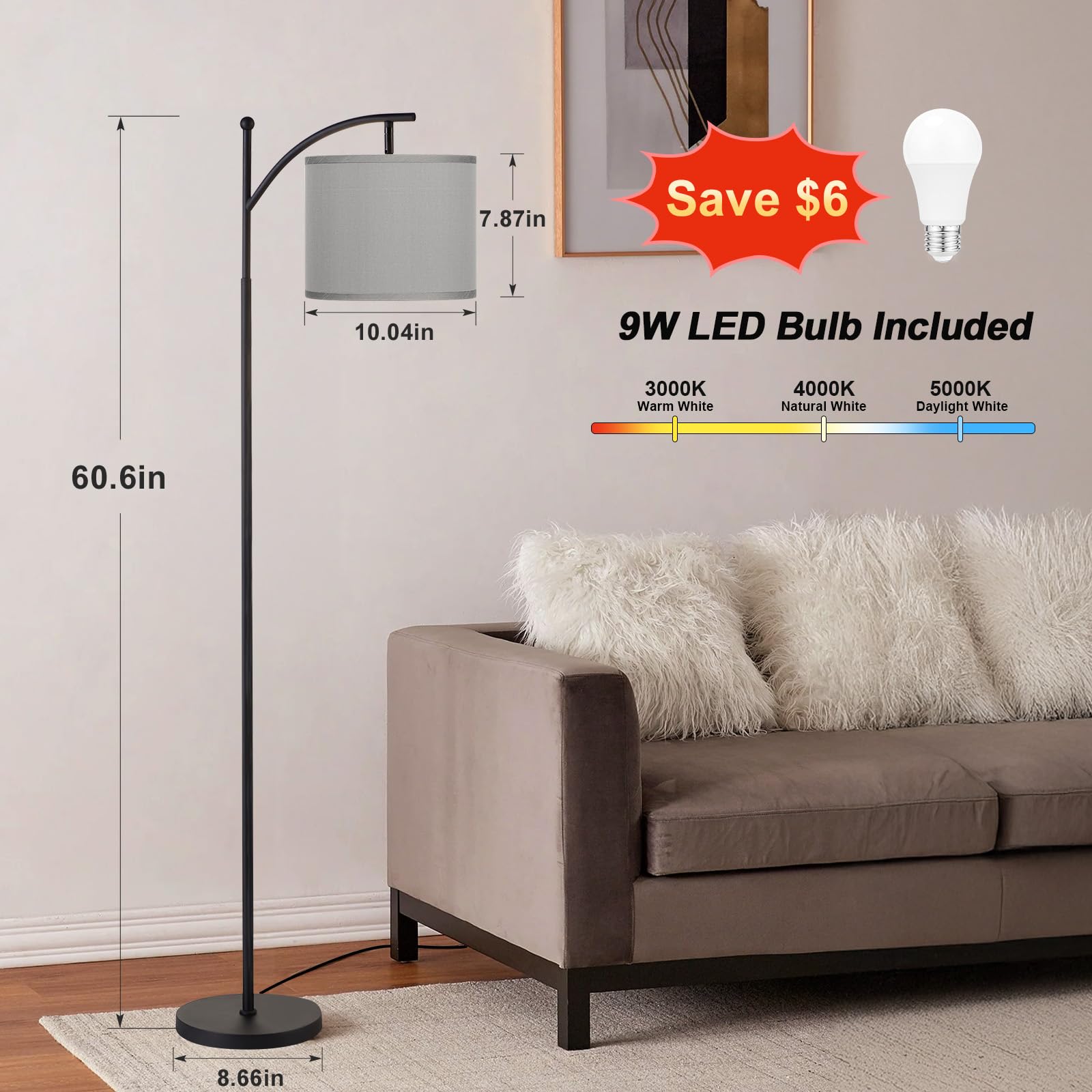 60&quot; Floor Lamps With 3 Color Temperatures, Adjustable Grey Shade With Black Pole, Tall Lamps For Living Room, Bedroom, Office, Classroom, Dorm Room - 9W Bulb Included