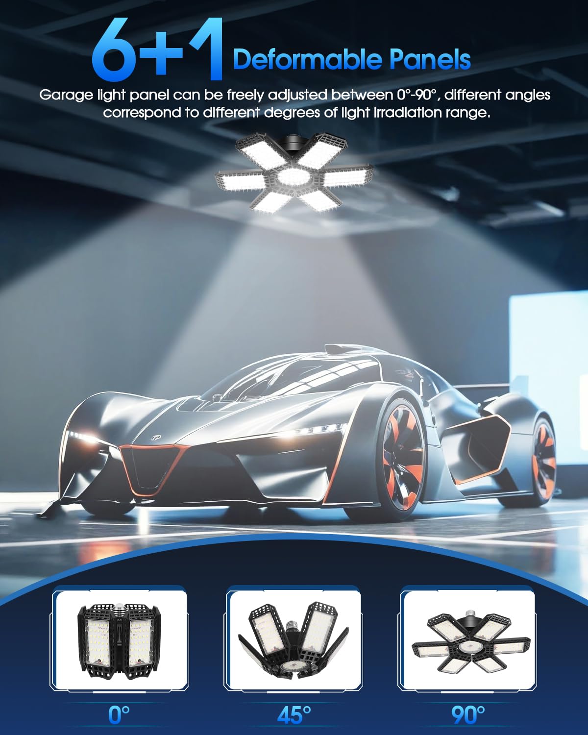 AUDLES 8 Pack LED Garage Light, 200W 20000LM, 6500K, Deformable Panels, E26/E27 Socket, Black