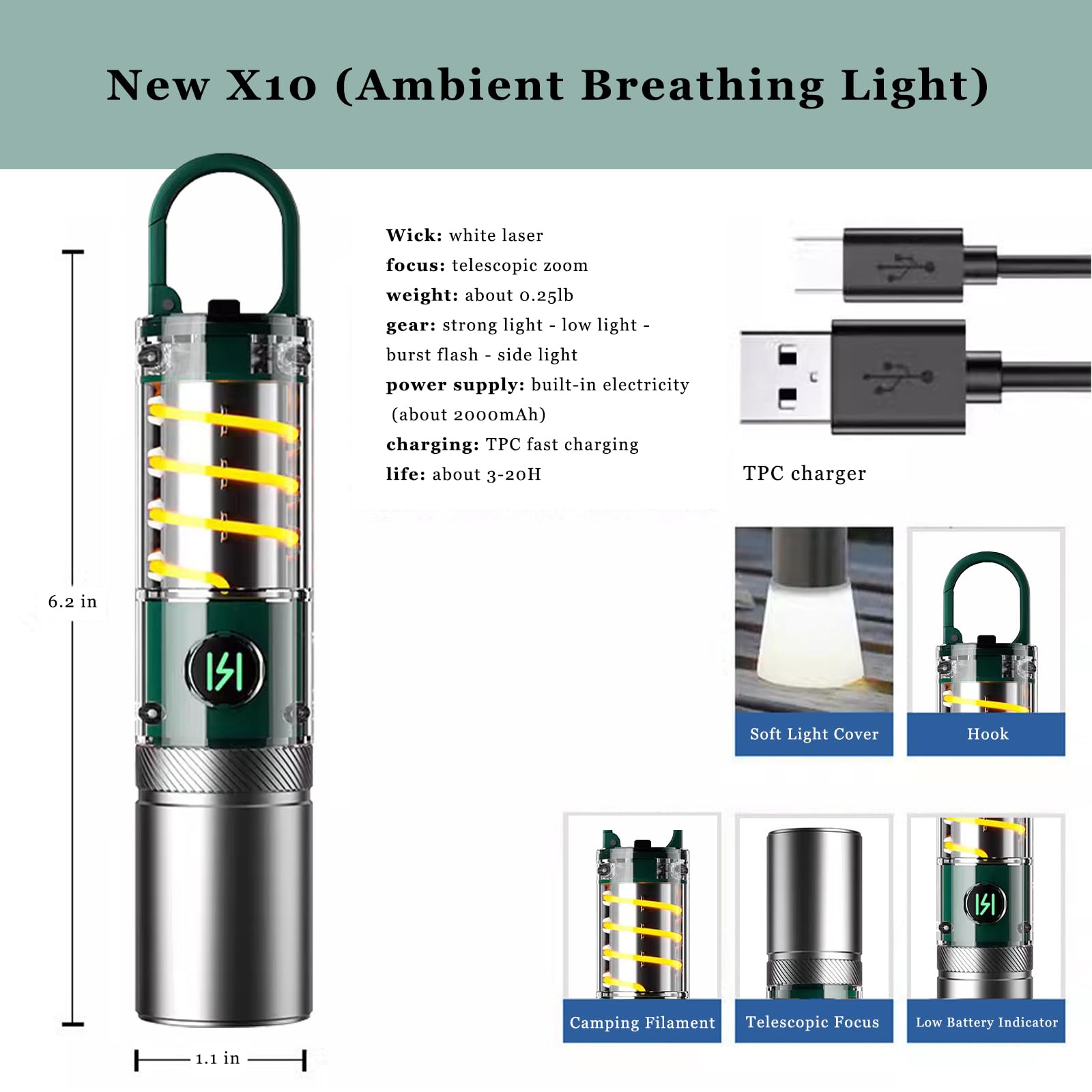 Aijolenly High Power LED Flashlight, 100000 Lumens, Rechargeable, Waterproof, Model XST-M26, Army Green, Suitable for Camping and Hiking