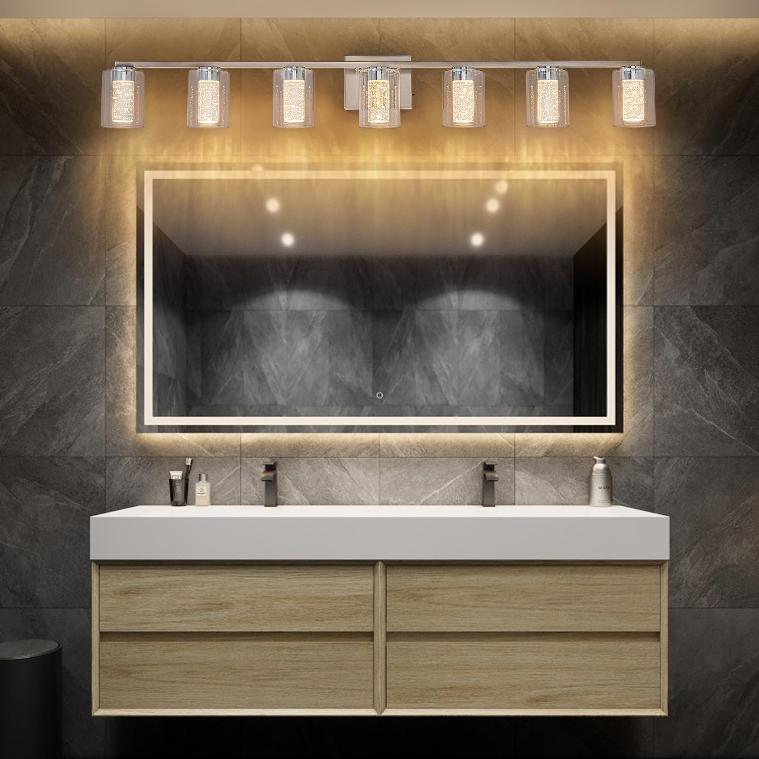 Sinerise 7-Light Brushed Nickel Vanity Light With 3 Color Modes (3000K/4000K/6000K), Eye Protection Led Bathroom Light Fixture,