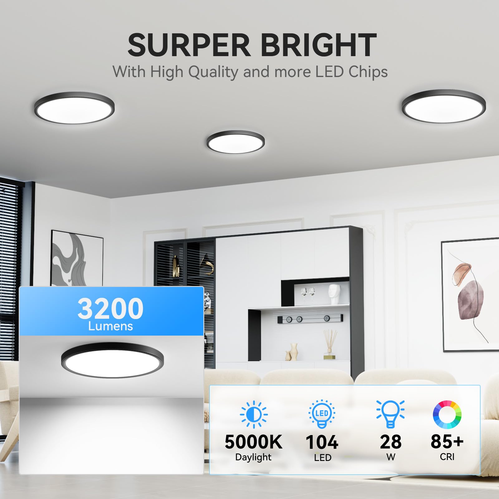 WKONCLDY LED Flush Mount Ceiling Light, 3200lm, 12 Inch, Black, Six Pack