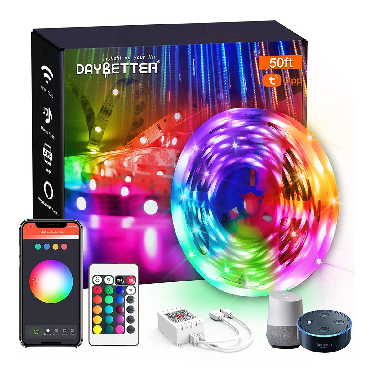 Daybetter Smart Wifi Led Lights 50Ft, Tuya App Controlled Led Strip Lights, Work With Alexa And Google Assistant, Timer Schedule