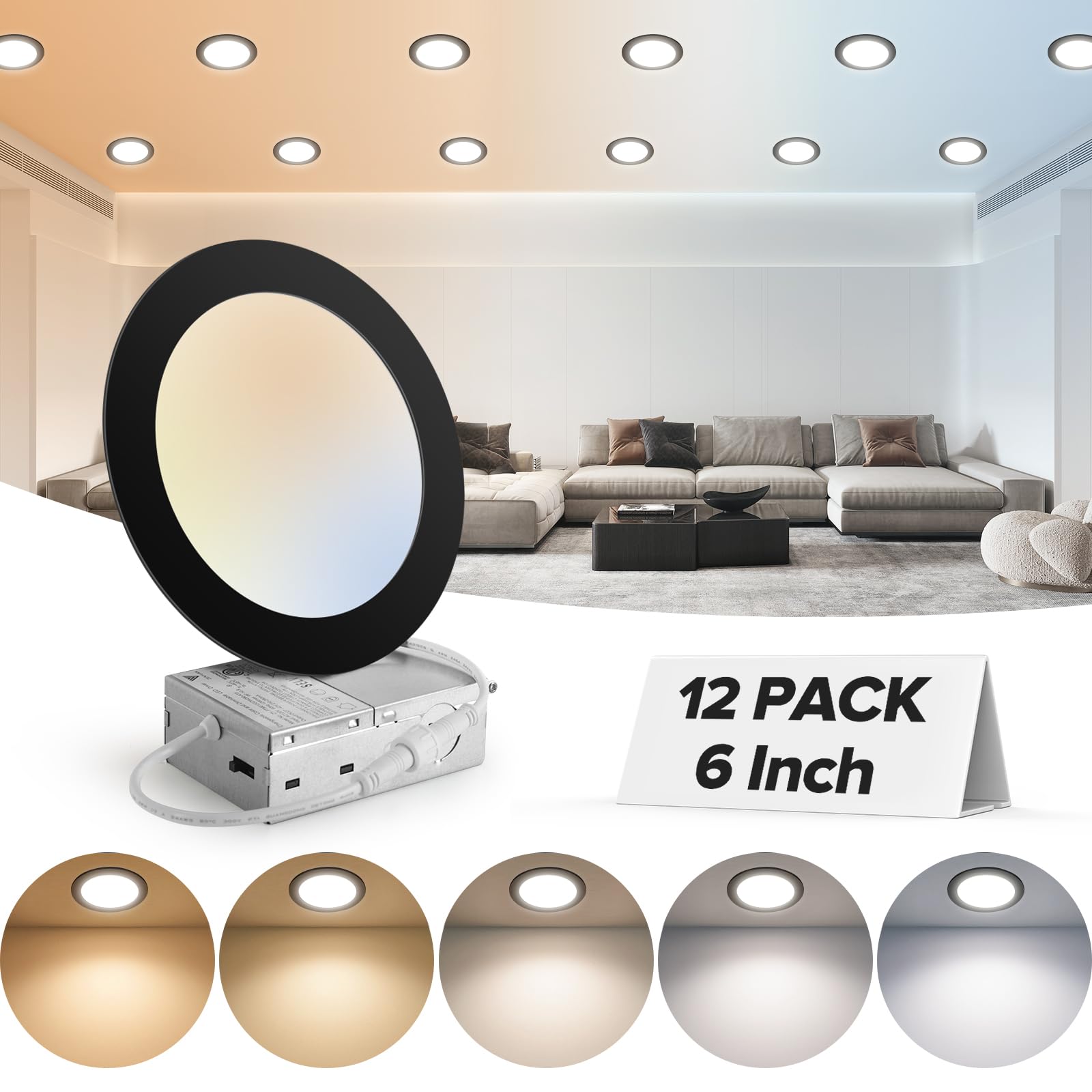 MAILCOS 12 Pack 6 Inch LED Recessed Lighting, 2700K-5000K, 1050LM, Dimmable, Ultra-Thin, Black, Model AZD