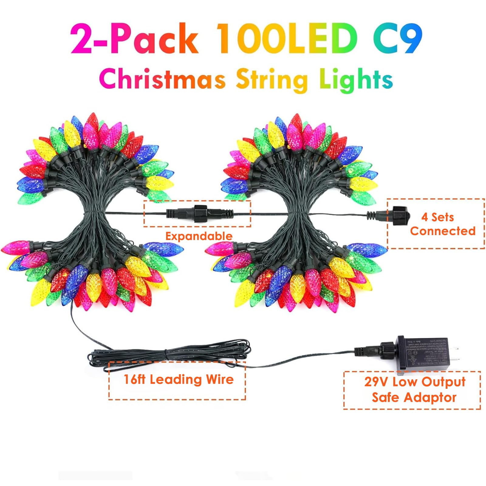 Yiqu Extendable 2-Pack 66Ft 100 Count C9 Christmas Lights Outdoor/Indoor, Waterproof Green Wire Plug In String Lights For Xmas T