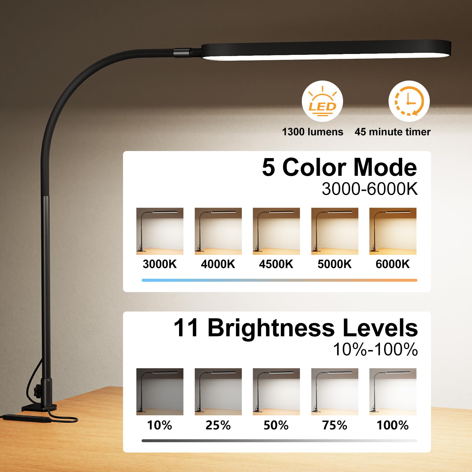 Skyleo Led Desk Lamp, 33.5&quot; Flexible Gooseneck, 5 Color Modes, 11 Brightness,
