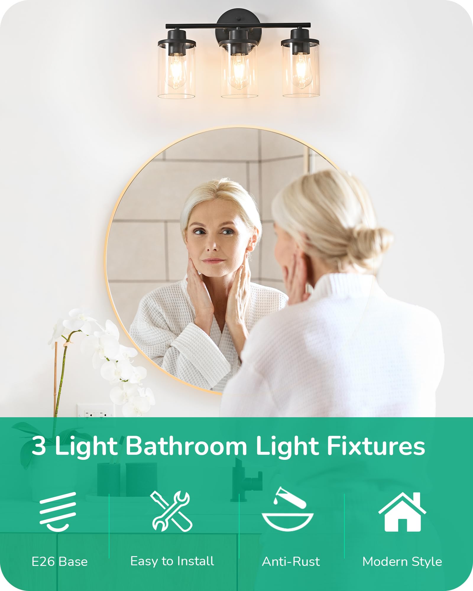 EDISHINE 3 Light Bathroom Vanity Light Fixtures, Matte Black Glass Shade, Model HHVL06C