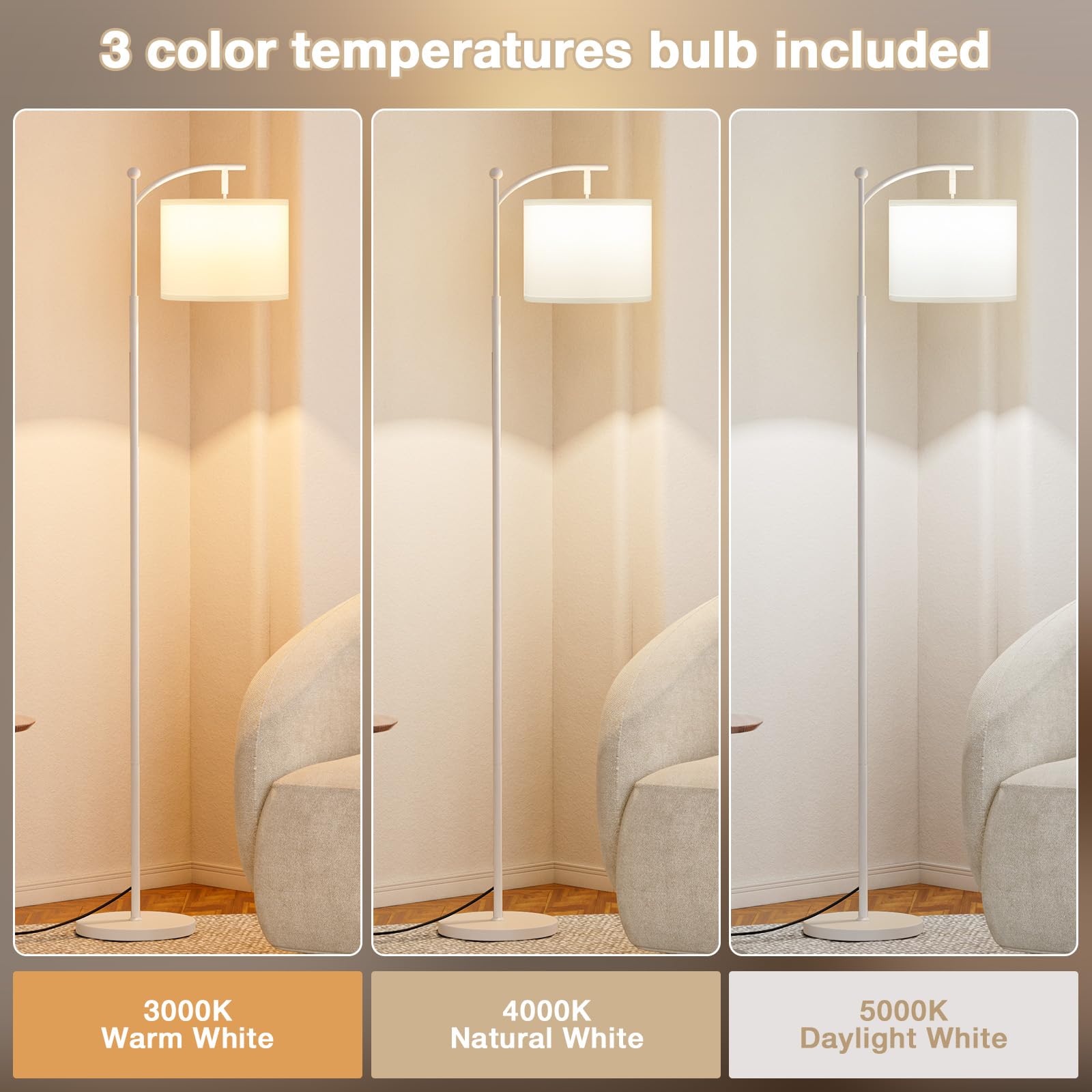 Ambimall 60'' Floor Lamps For Living Room & 3 Color Temperatures Bulb, White Lampshade & Foot Switch Included, Easy To Install,