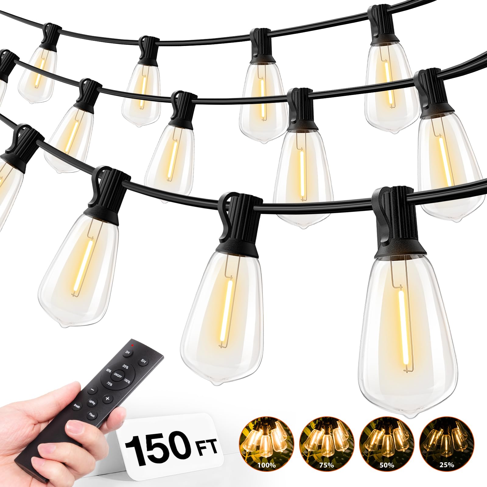 addlon 150 FT (3x50FT) Outdoor String Lights with Remote,Waterproof Patio Lights ETL Listed with 45+3 Shatterproof Dimmable ST38