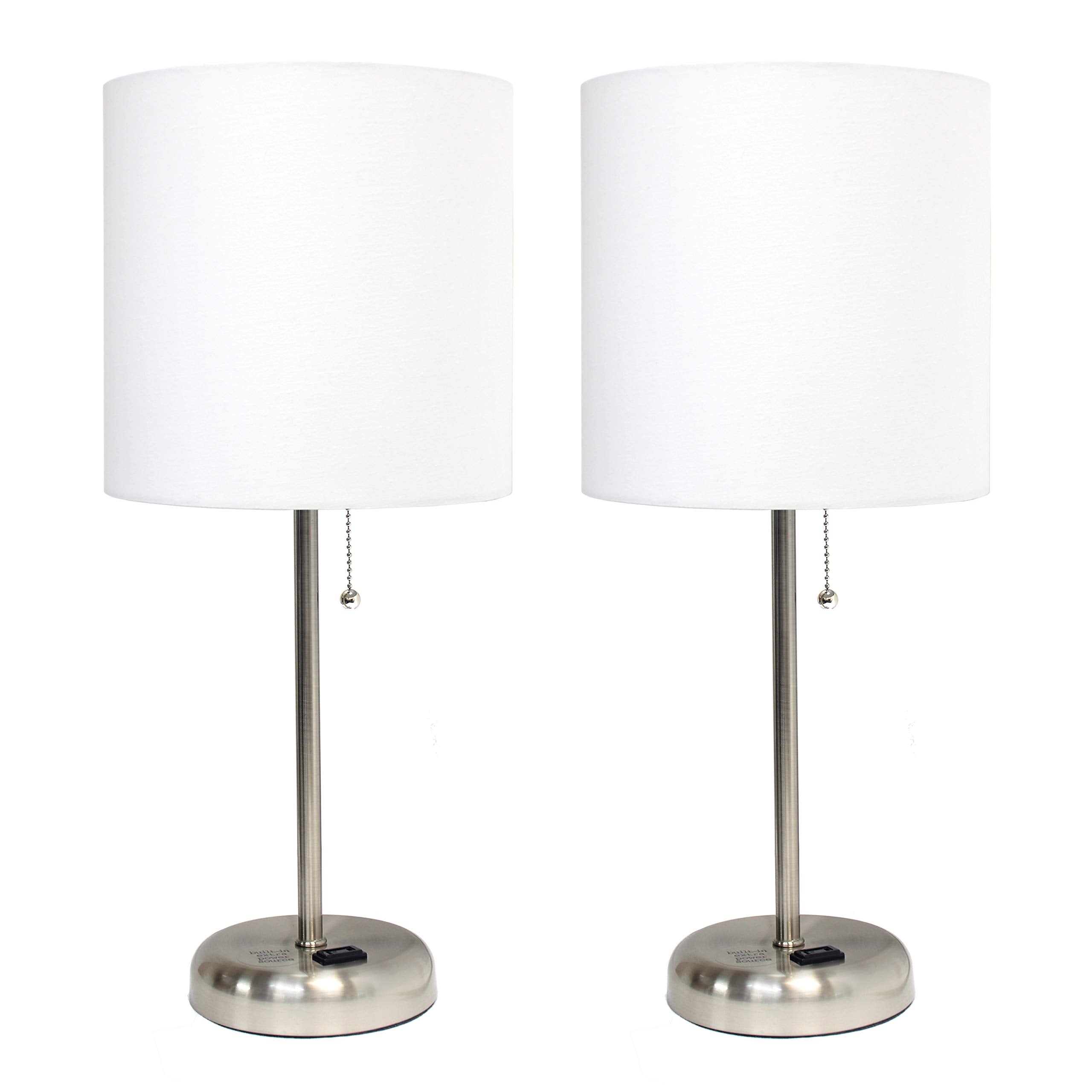 Simple Designs LT2024-WHT Brushed Steel Stick Table Desk Lamp with Charging Outlet and Drum Fabric Shade, White Shade