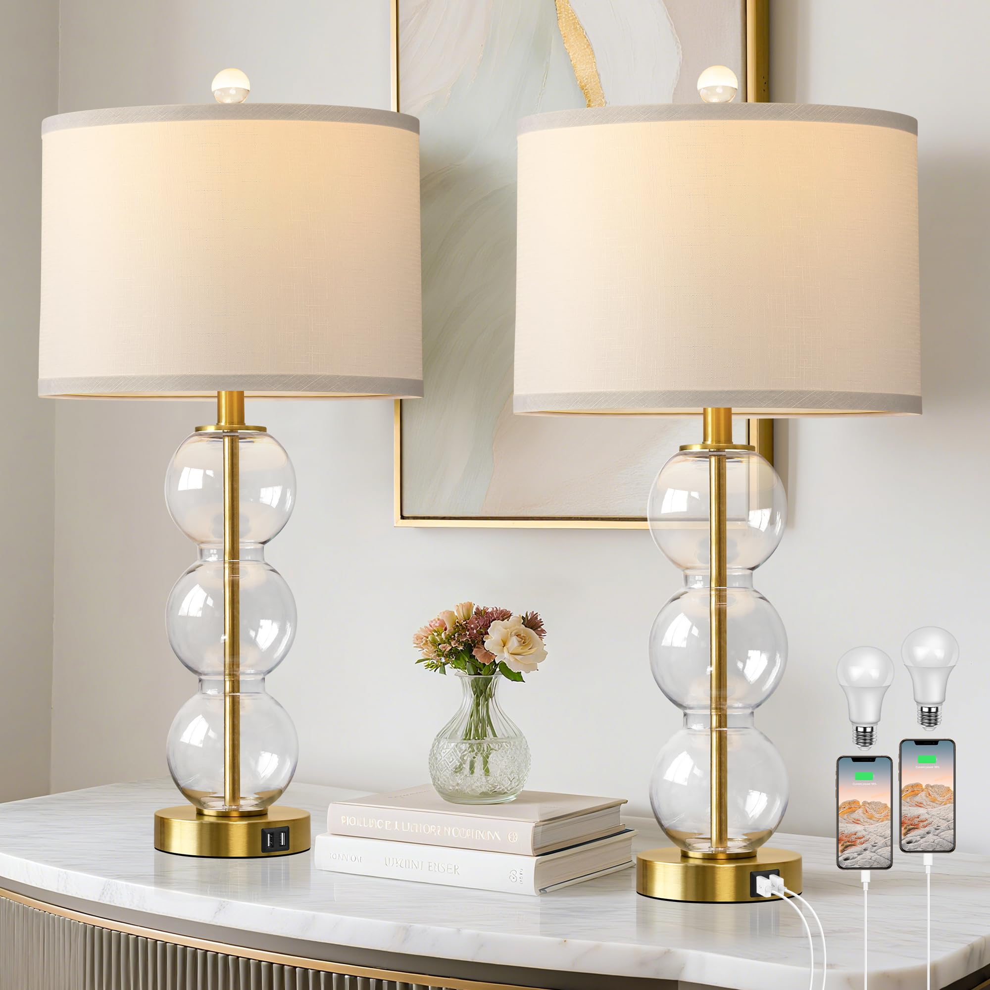 ROTTOGOON Set of 2 Table Lamps for Living Room Glass Triple-Sphere 27 Tall Table Lamp Contemporary Bedside Desk Nightstand Lamp for Bedroom Living Room Office  Clear Glass/Gold