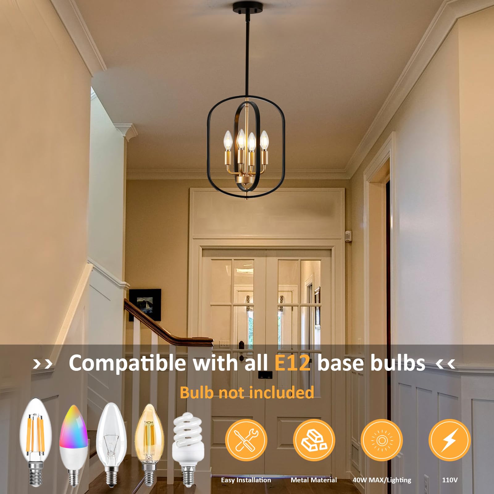 AKLMXCG Black and Gold Chandelier, 4 Light Modern Farmhouse Pendant, Metal Foyer Lighting Fixture, Model 7086