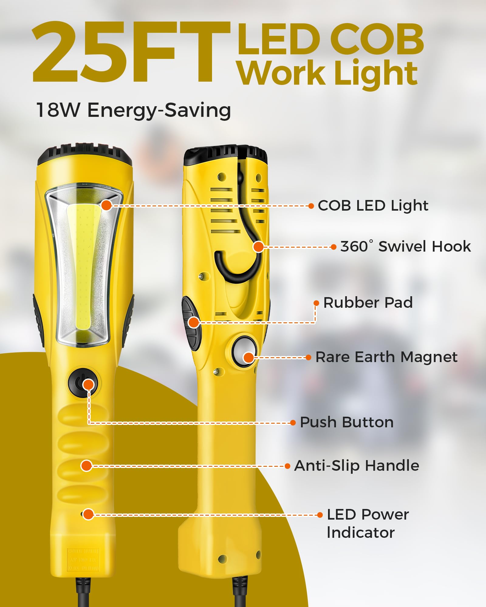 Wilawels 18W Led Work Light, 25Ft 2000Lm Cob Led Light, Handheld Underhood Trouble Light With Cord 16 Gauge Sjtw, Swivel Hook, For Garage, Workshop, Car Repair Scene, Etl Listed, Yellow Y04Wl06