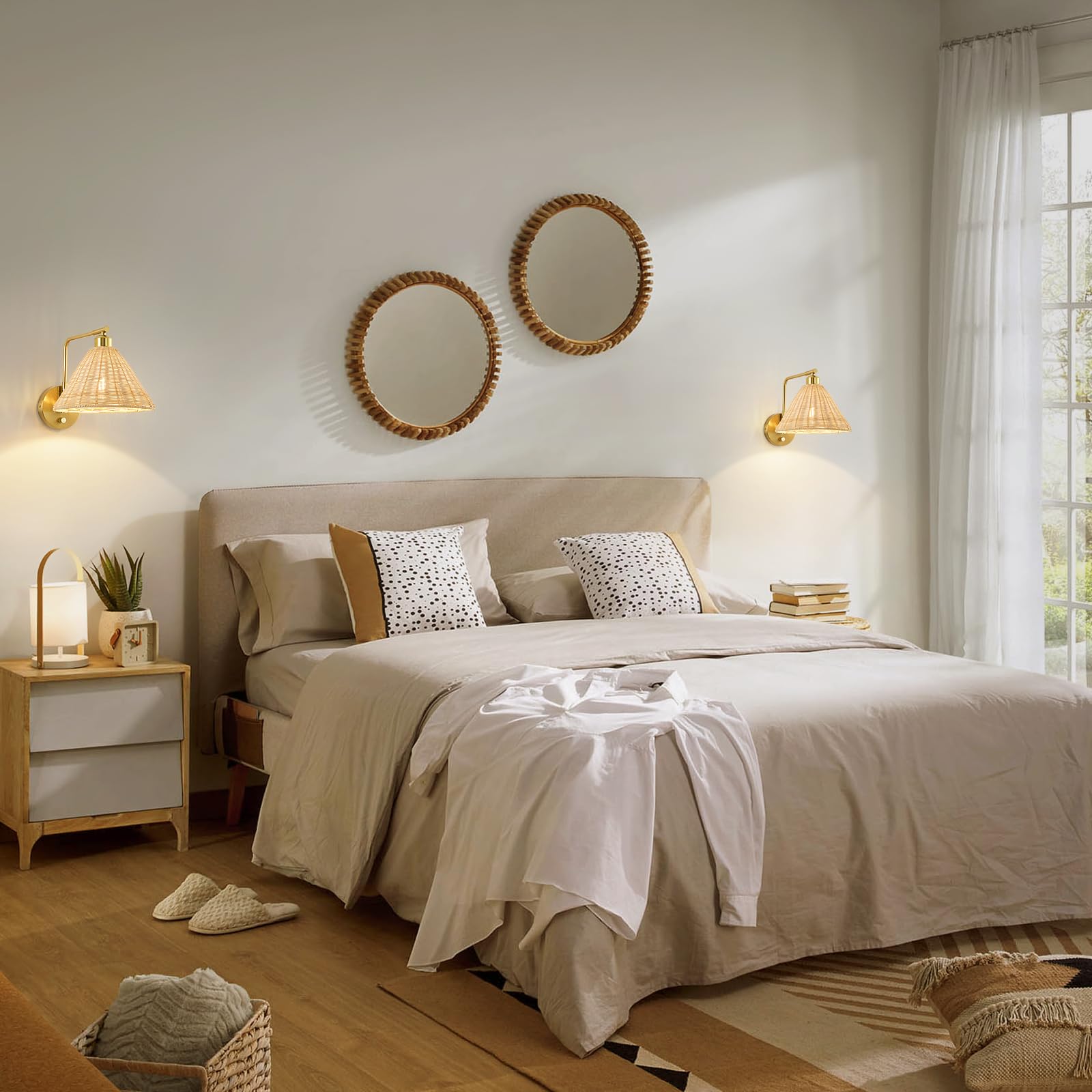 Weaboopre Rattan Wall Sconce Set of 2, Gold Plug-in Lamps with Dimmer, Hand Woven Boho Design for Bedroom & Living Room - Model WPWS002
