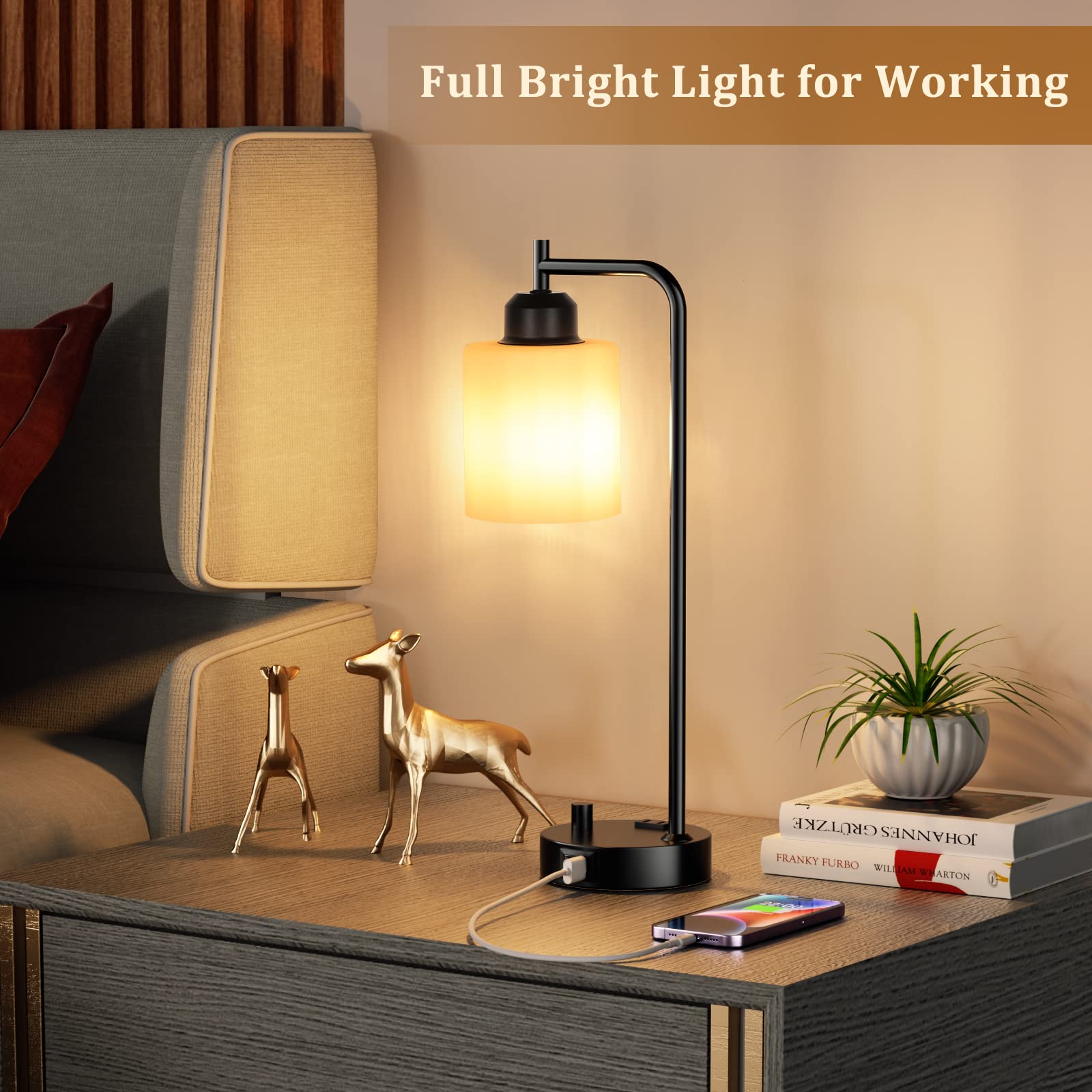 Industrial Bedroom Table Lamps For Bedside - White Opal Glass Shade Desk Lamps With Usb C Port, Fully Dimmable Black Lamps With