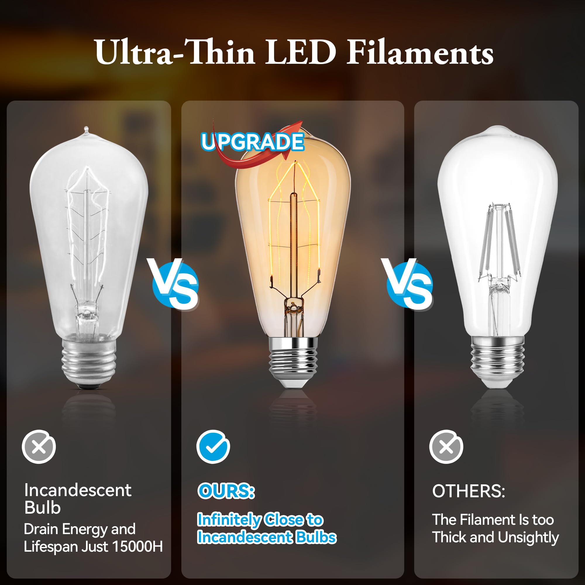 Led Edison Bulb Equal 25W Vintage Amber Light Bulbs 2000K Soft Yellow Light Led Bulbs, Super-Thin Spiral Filament Incandescent W