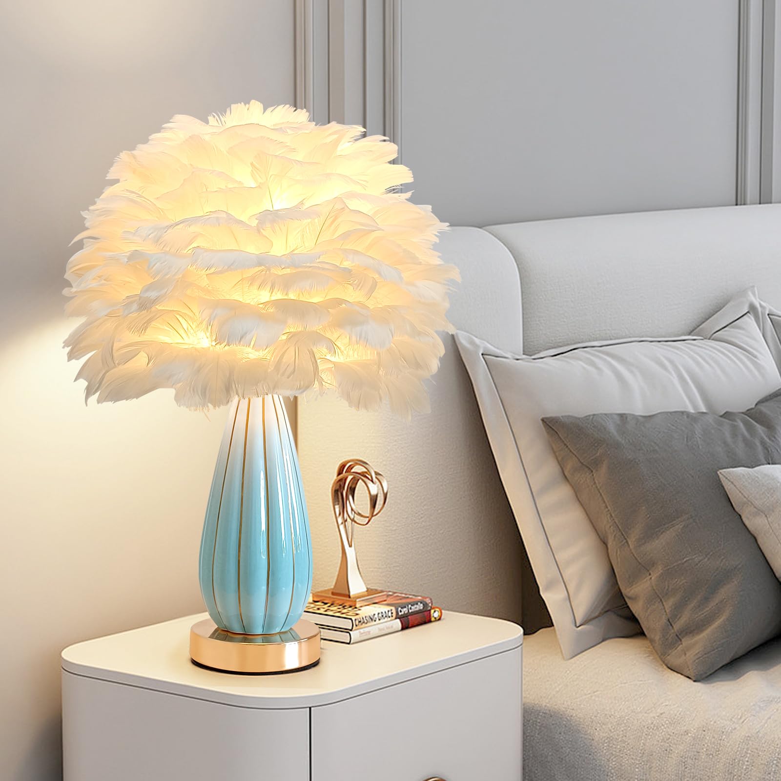 ZYLEISENBAO Chic White Feather Lamp Creative Feather Bedside Lamp Princess Nightstand Table Lamp Deco Nordic Desk Light for Cute