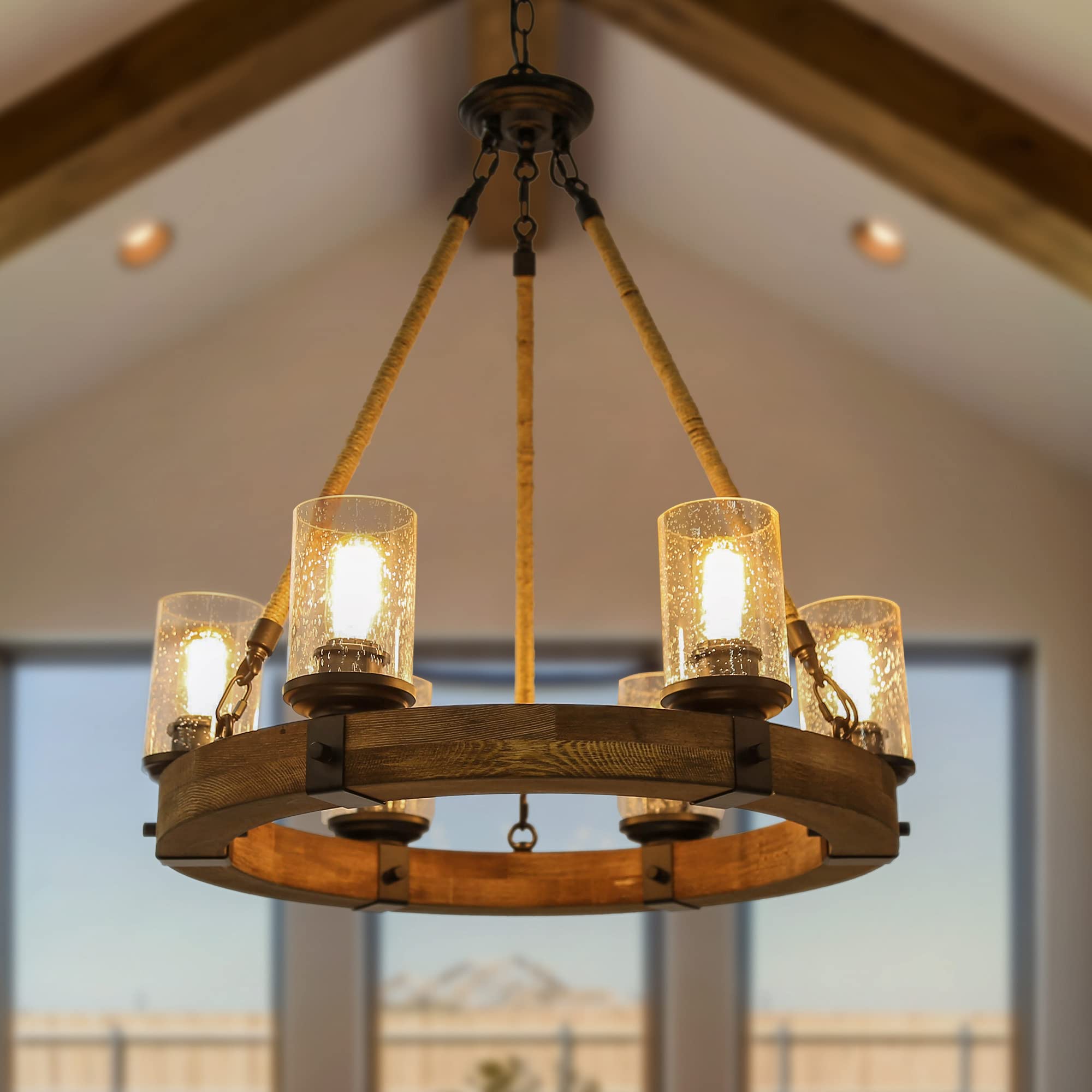 Laluz Farmhouse Chandelier, Wagon Wheel Chandelier, 6-Light Kitchen Island Lighting With Seeded Glass Shade For Dining Room, Kit