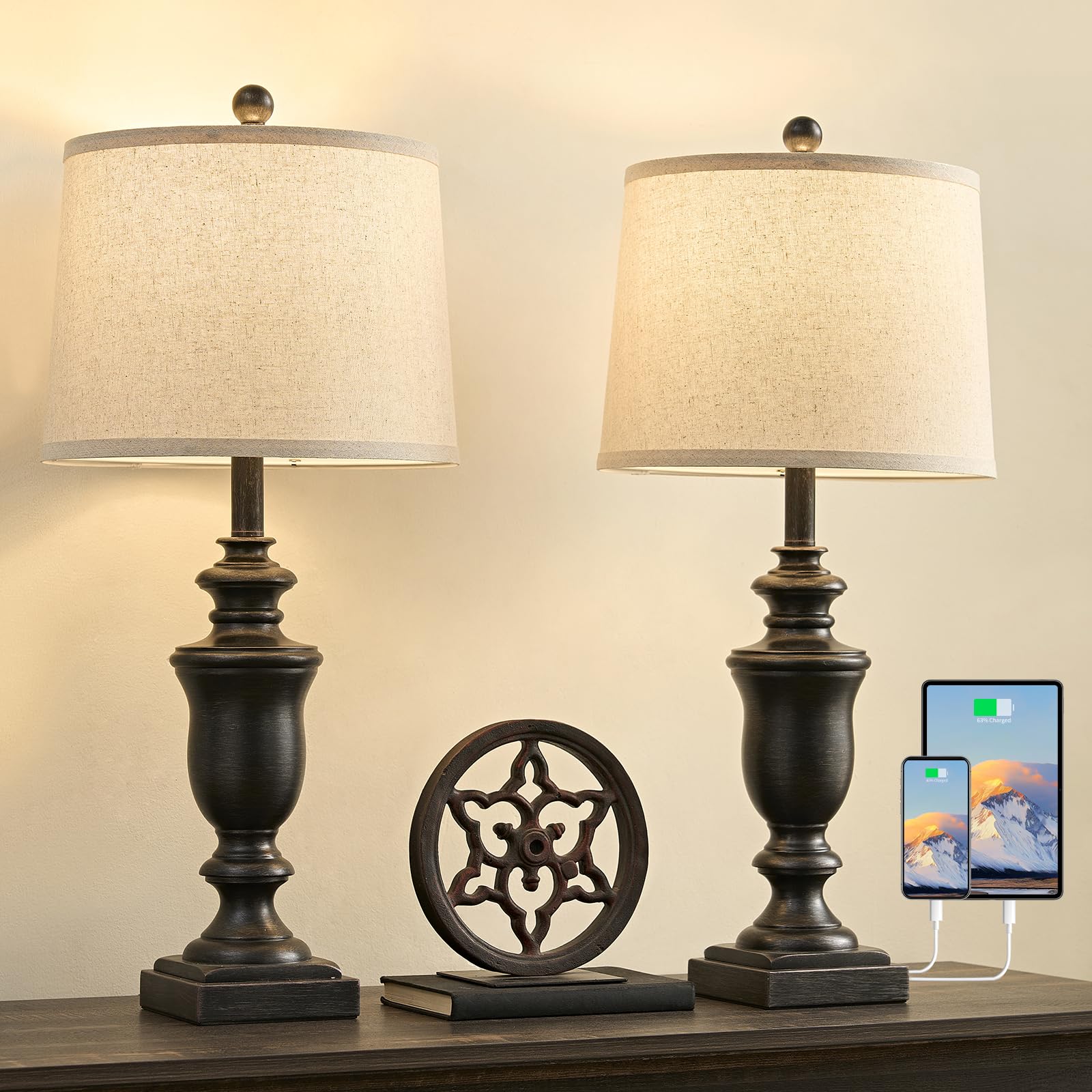 SAIWEYA 27.5 Vintage Farmhouse Table Lamps Set of 2 Bedside Lamp  3 Way Dimmable Bedroom Lamps with 2 USB Ports +AC Outlet Nightstand Lamp Rustic Lamp