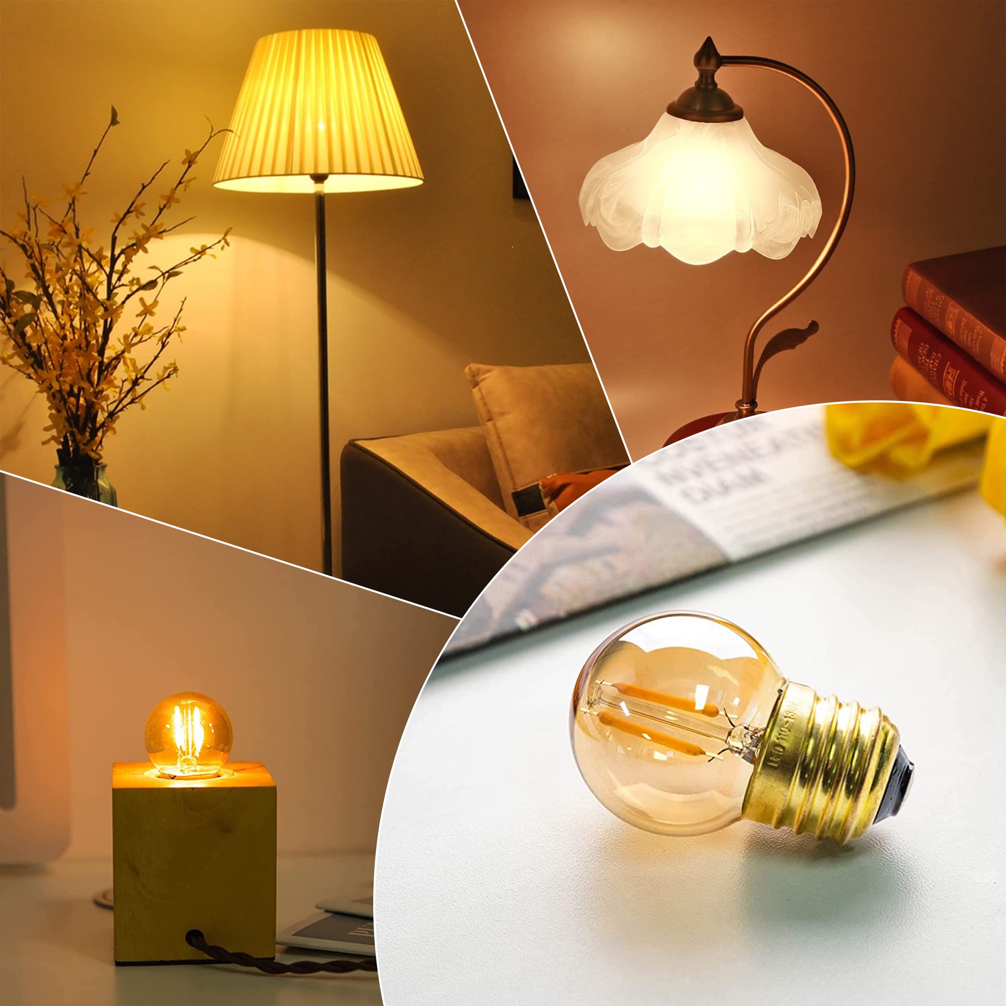 Grensk G40 Edison Led Filament Mini Globe Bulbs, 1W (10W Equivalent), Ultra Warm White 2200K, Amber Glass, 6 Count