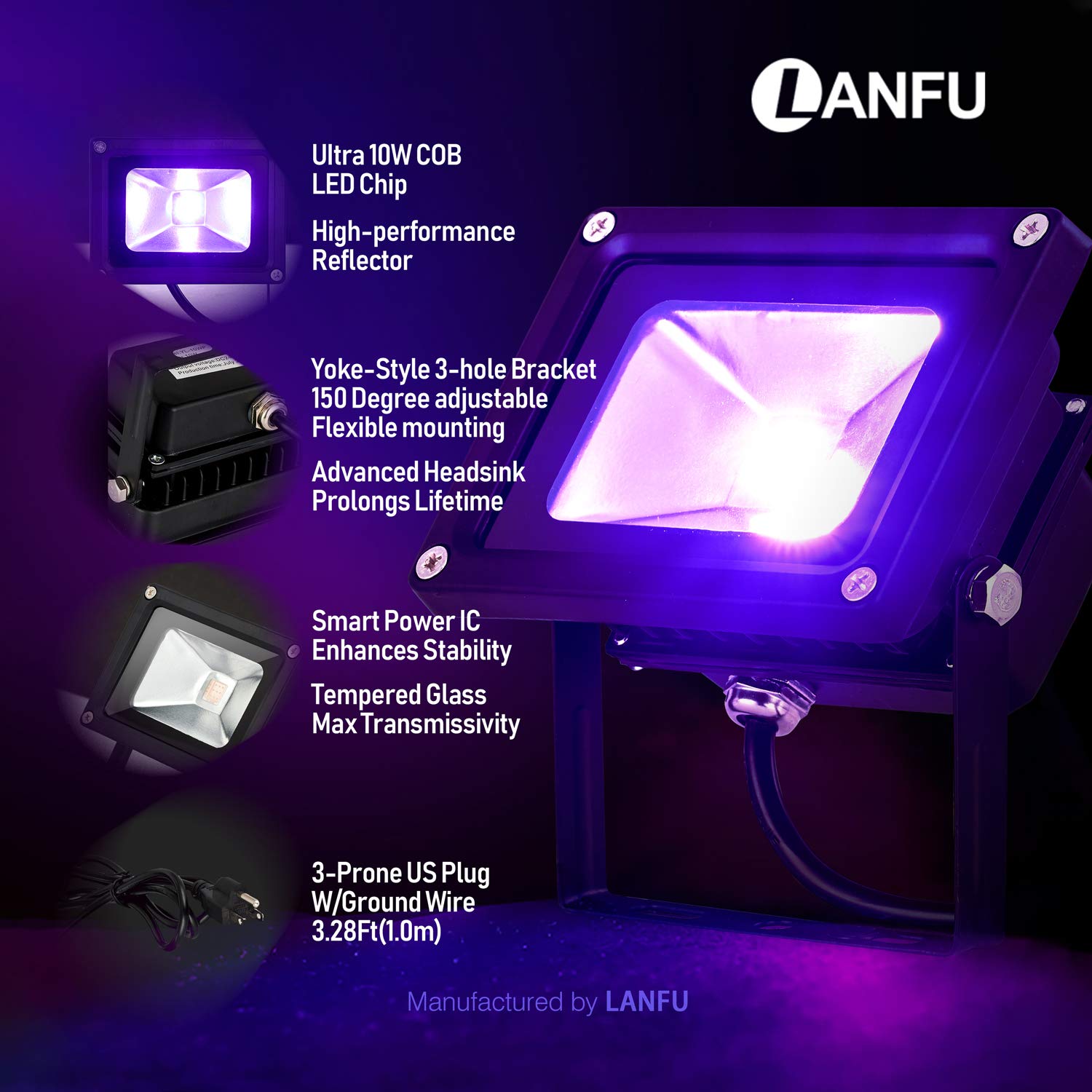 LANFU LED Black Light Flood Light, 10W, IP65, 2 Pack, Black, for Parties, Neon Glow, Aquarium, Night Clubs