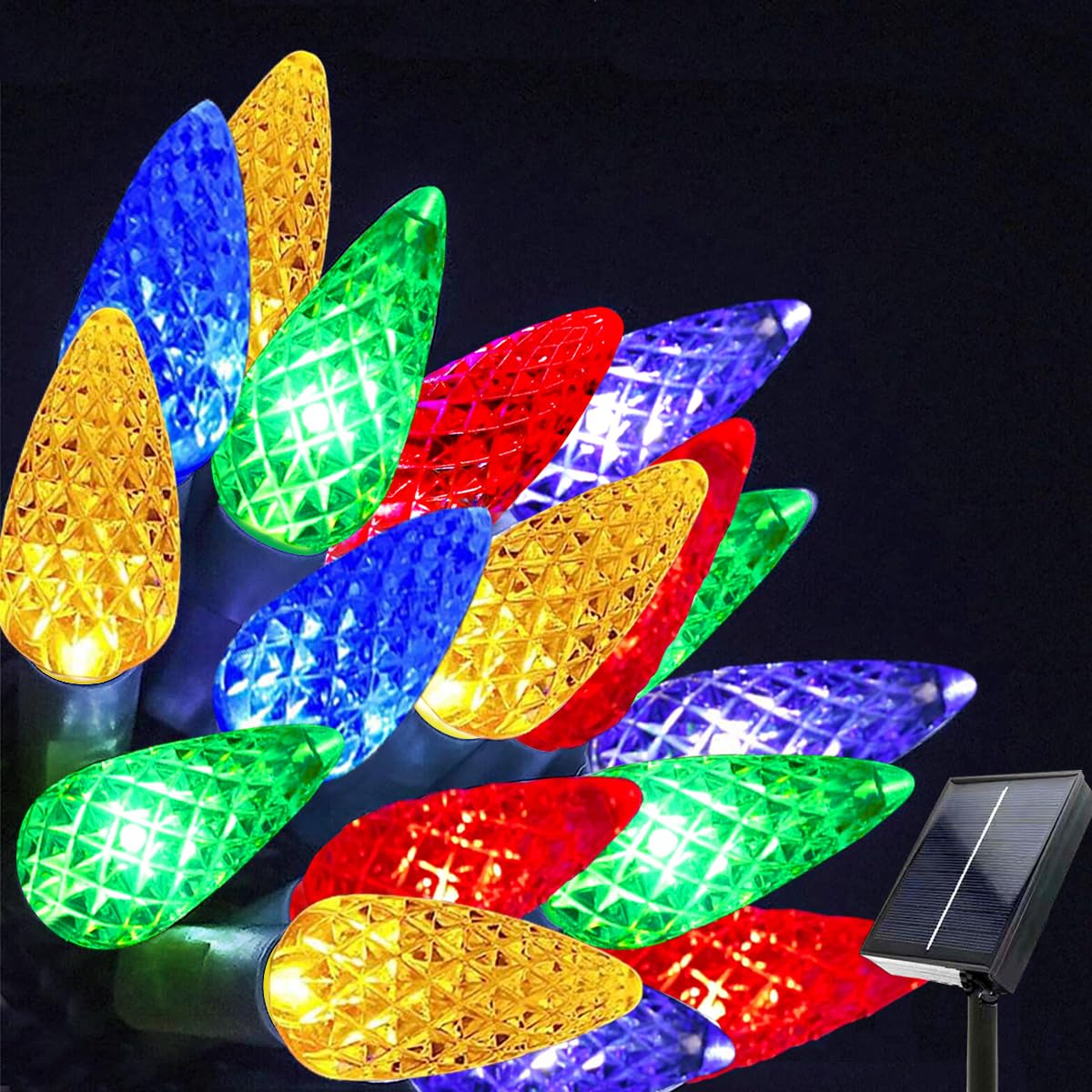 Solar Christmas String Lights, 50 LED 8 Modes C6 Strawberry Multicolored String Lights Waterproof Rechargeable Outdoor Garden Fa