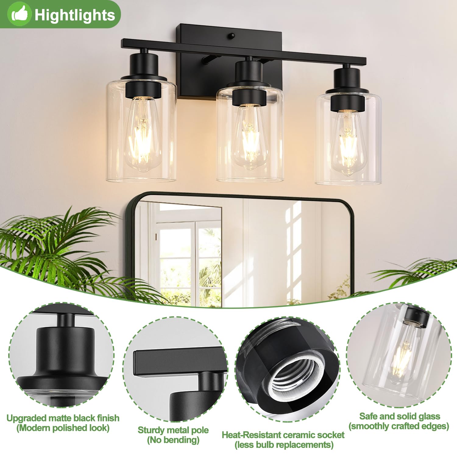 Indoi 3-Light Bathroom Light Fixtures, Matte Black Metal Vanity Lights with Clear Glass Shade, Model YX-032H