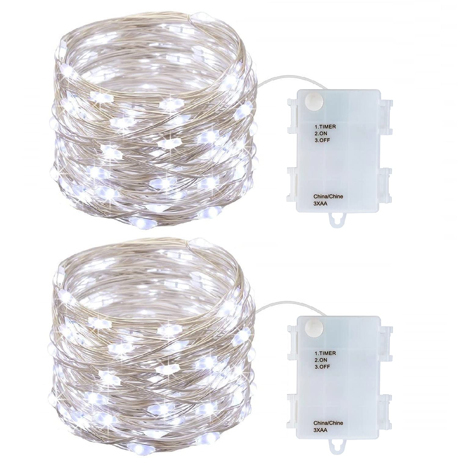 Everfit Lighting 2 Pack Mini LED Fairy Lights 50 LEDs 18 Feet Cold White Waterproof Battery Box Model BC