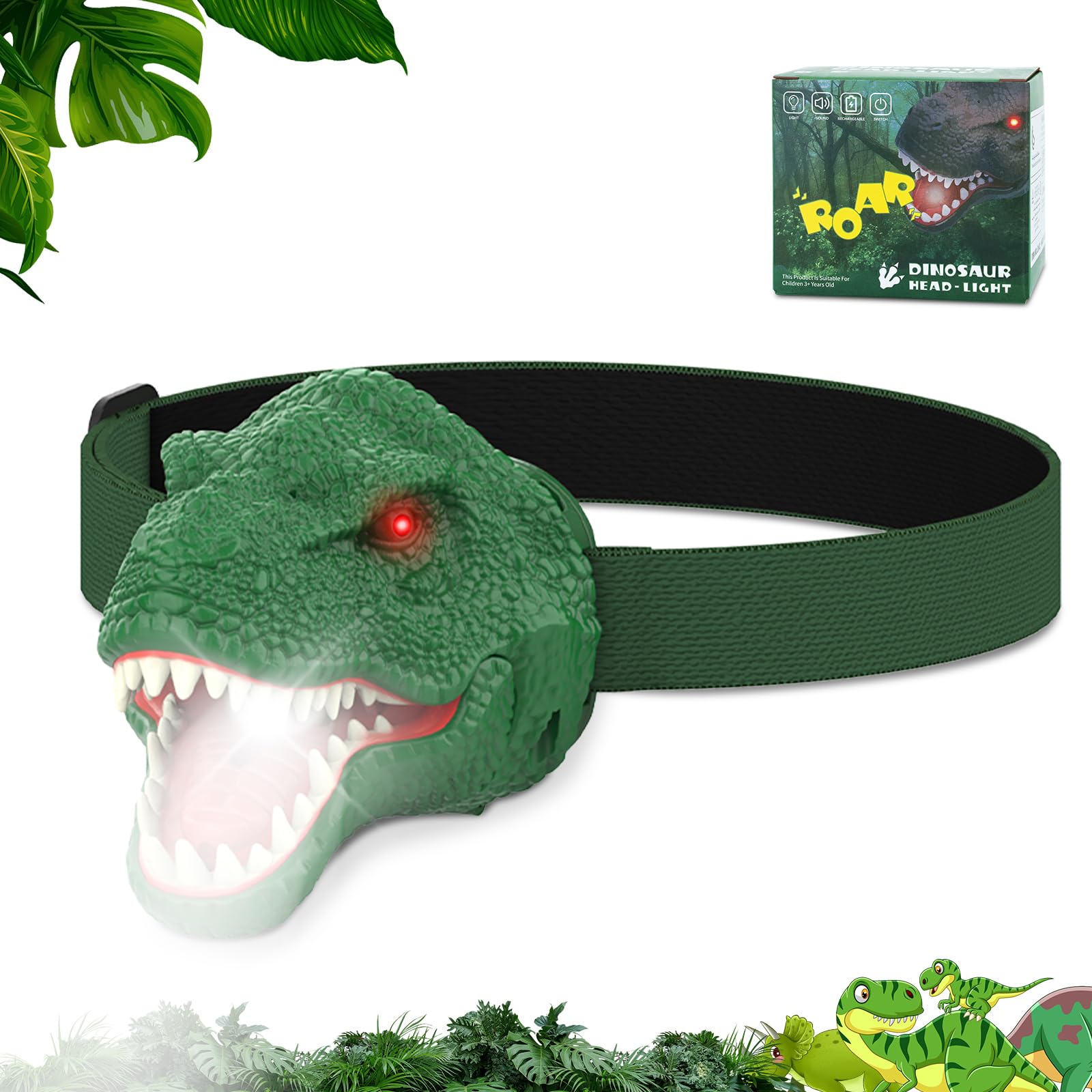 Nitigo Dinosaur Headlamp for Kids Flashlight Led Headlights Roar & Silent Mode, T-Rex Dinosaur Toys for Kids 3-5 4-6 5-7 6-8, Camping Gear, Gifts for Boys Girls Adults