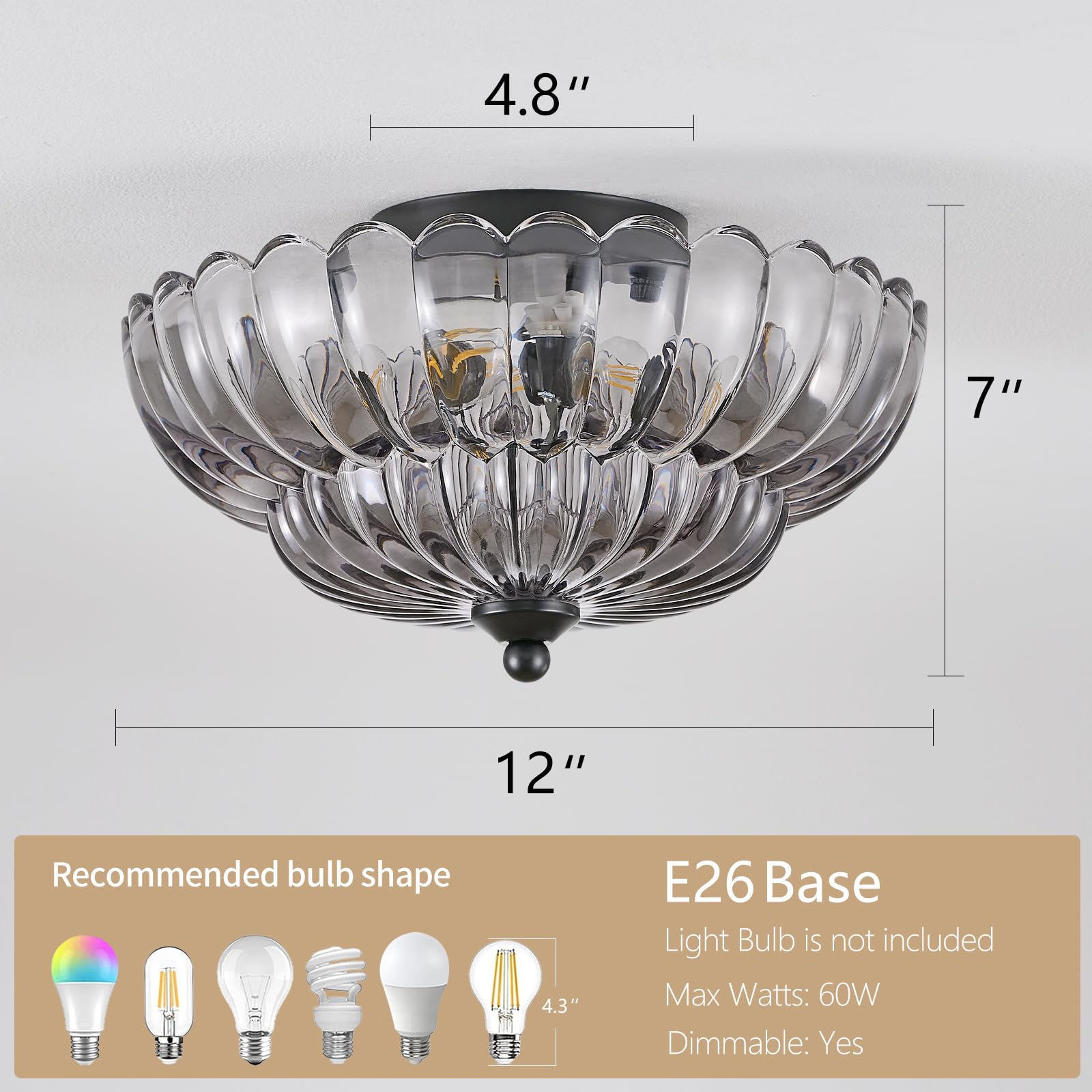 Modern Black Ceiling Light Fixture, 12'' Grey Glass Flush Mount Chandeliers, Semi Flush Mount Ceiling Light Fixture Suitable For