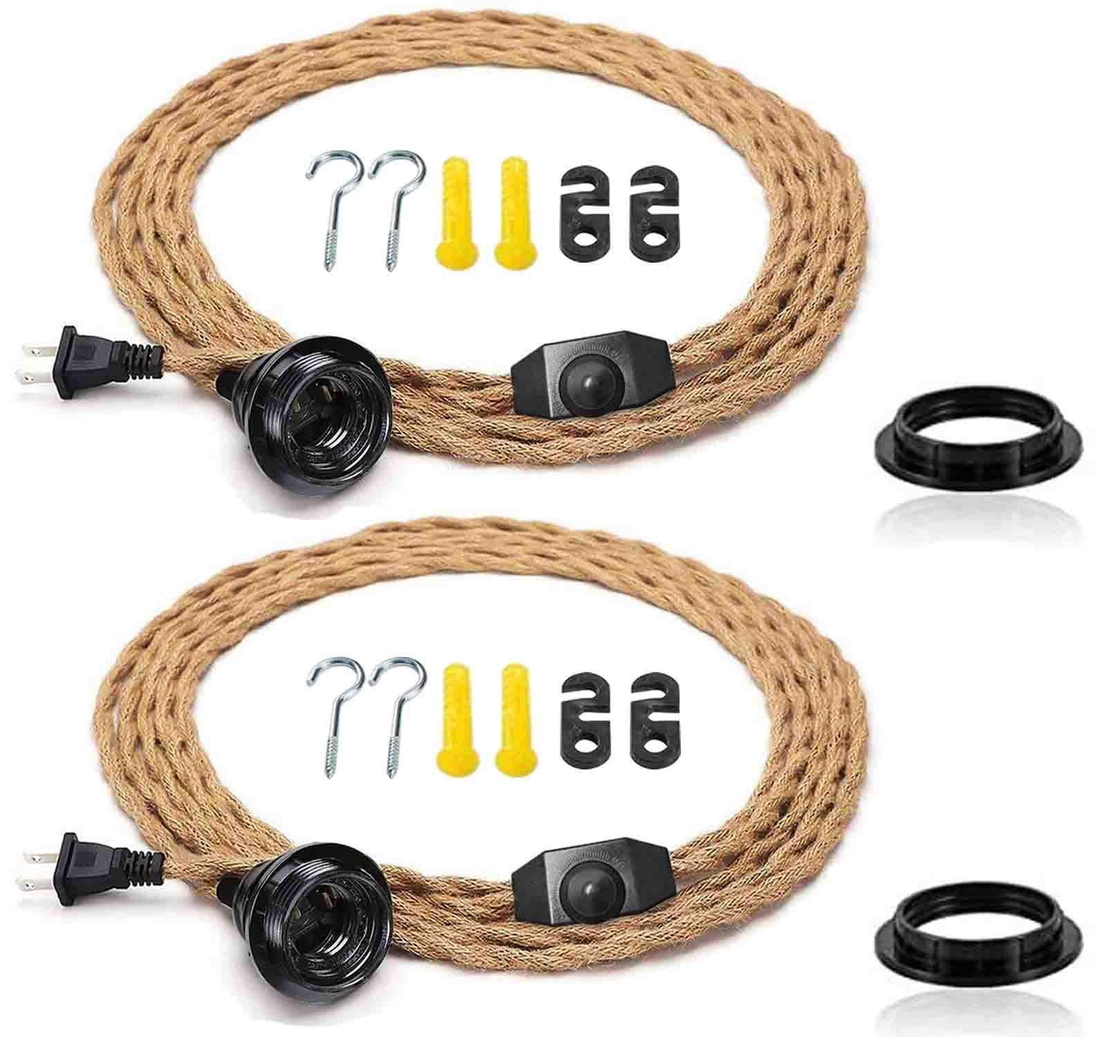 15FT Pendant Light Cord Kit with Dimmer Switch, Twisted Hemp Rope Vintage Plug in Hanging Lighting, Industrial Lamp Socket Set E