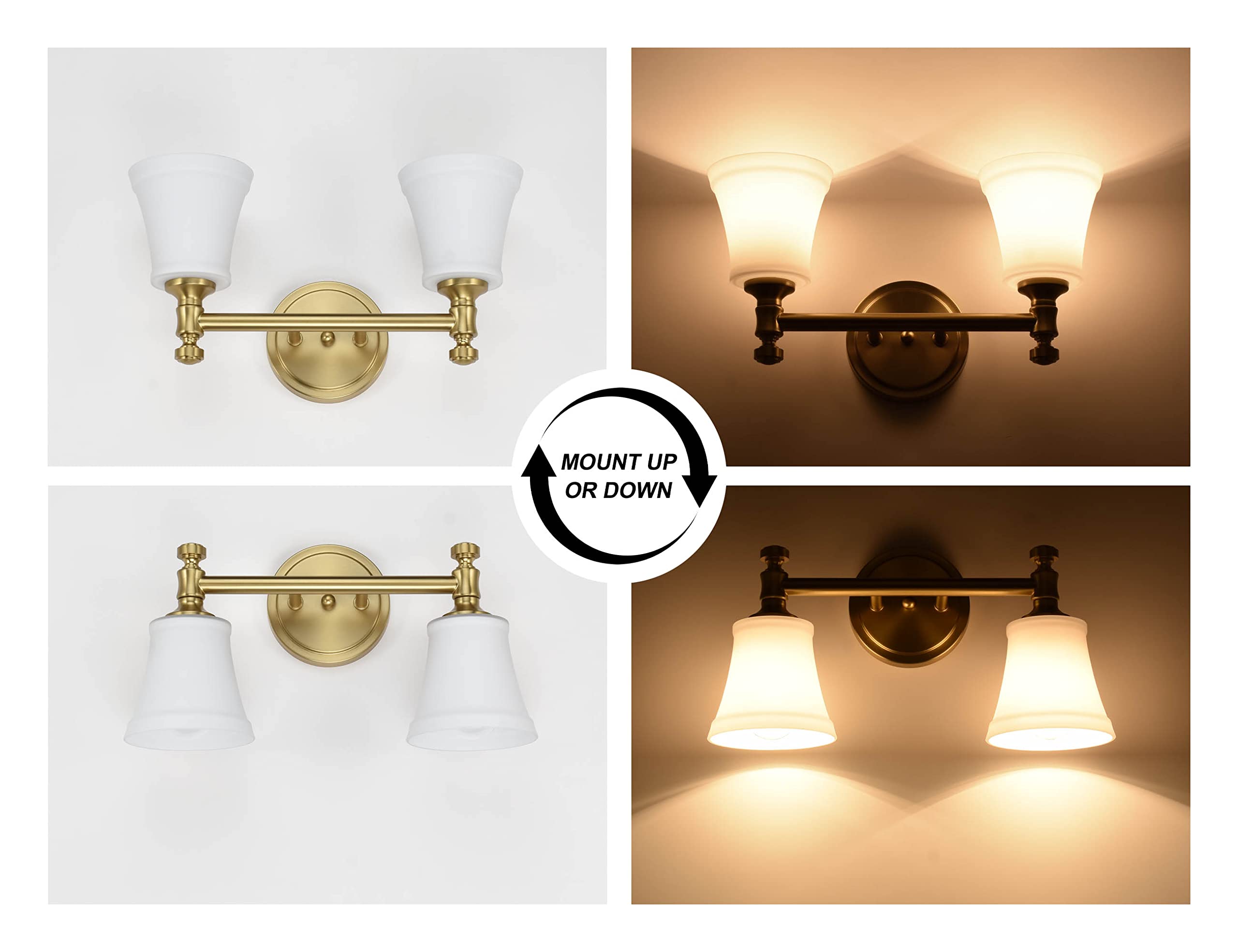 Hanaloa 2-Light Bathroom Vanity Light Fixture, Aged Brass Wall Sconce with Opal Glass Shade, Model VA0045-2-AGB