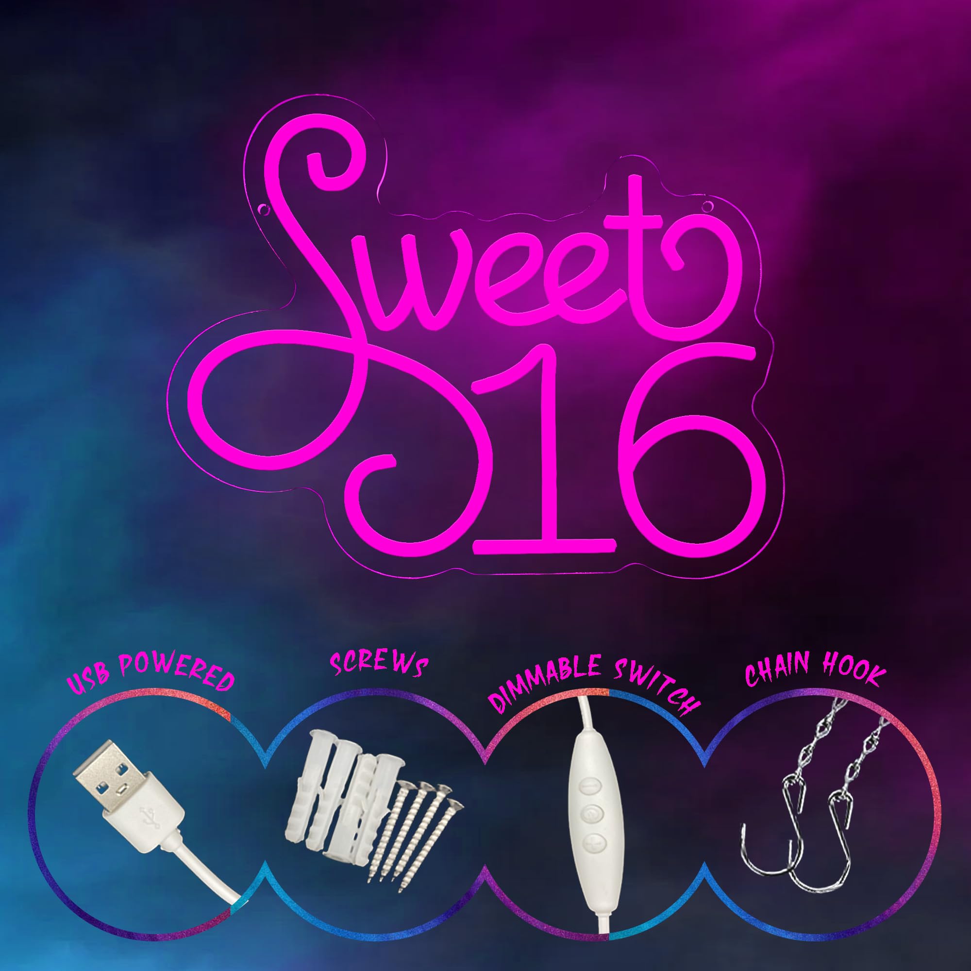 TAGEEKOO Pink Sweet 16 Neon Sign - LED Light Birthday Decor, Acrylic, Happy Birthday Party Backdrop, Sweet-Pink