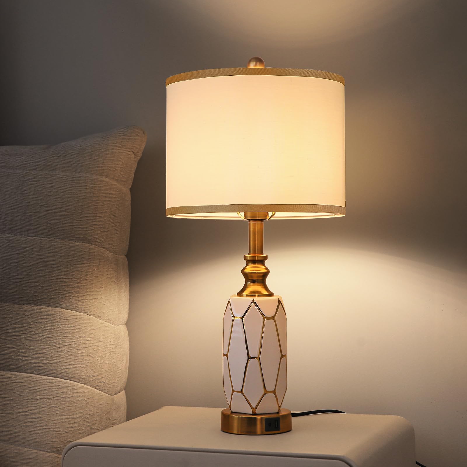 Workluurop Set Of 2 Touch Control Table Lamps, Modern Ceramic With Usb Ports, White & Gold